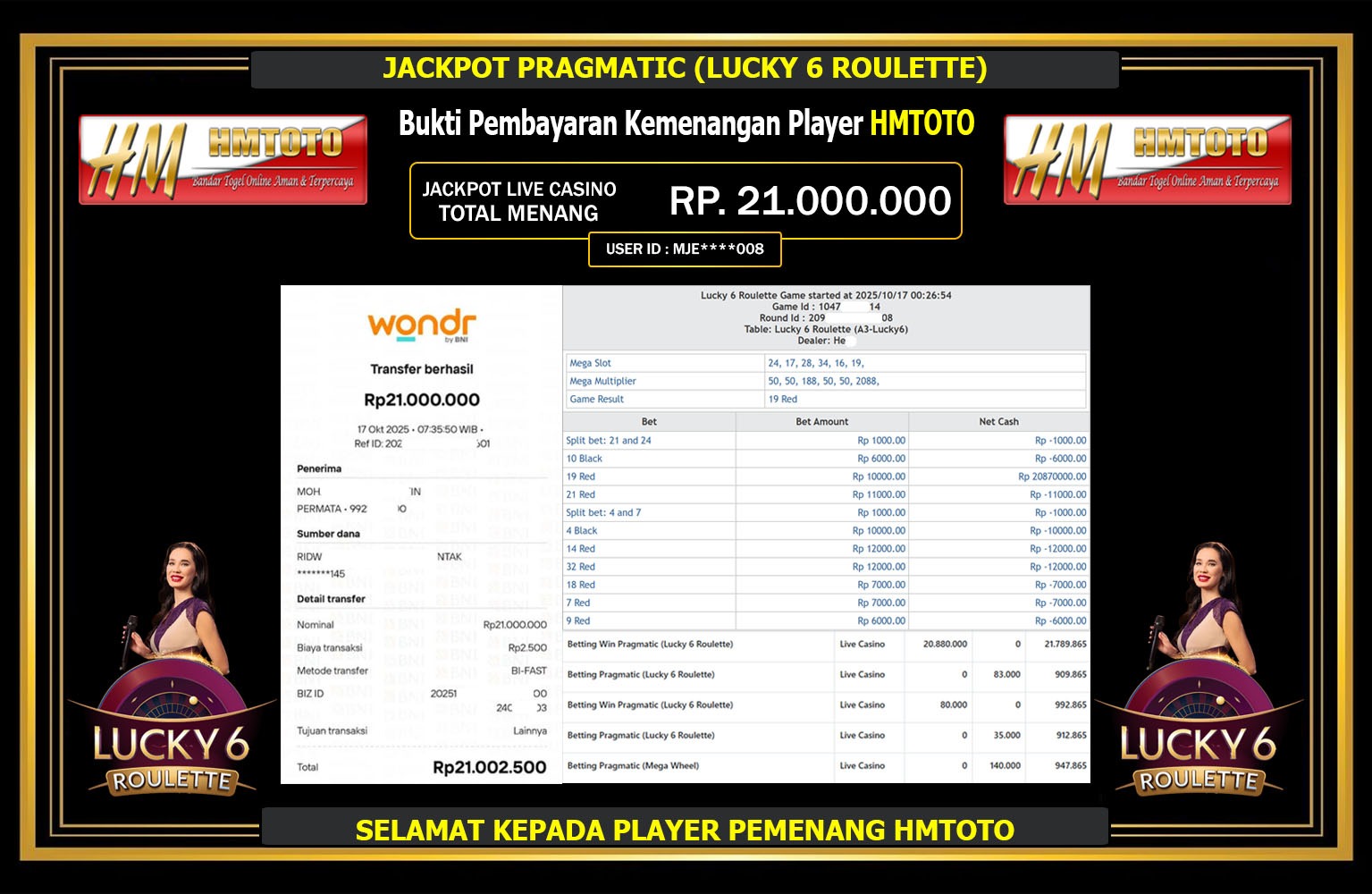 HMTOTO JACKPOT PRAGMATIC (LUCKY 6 ROULETTE) Rp.21.000.000,- LUNAS