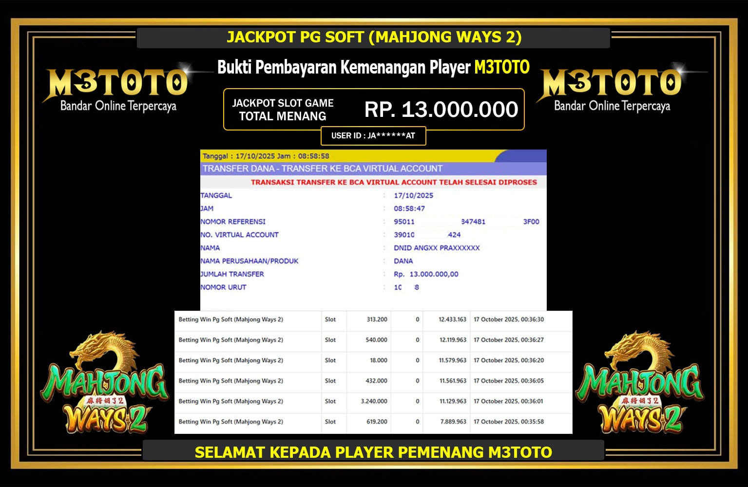 M3TOTO JACKPOT PG SOFT (MAHJONG WAYS 2) Rp.13.000.000,- LUNAS