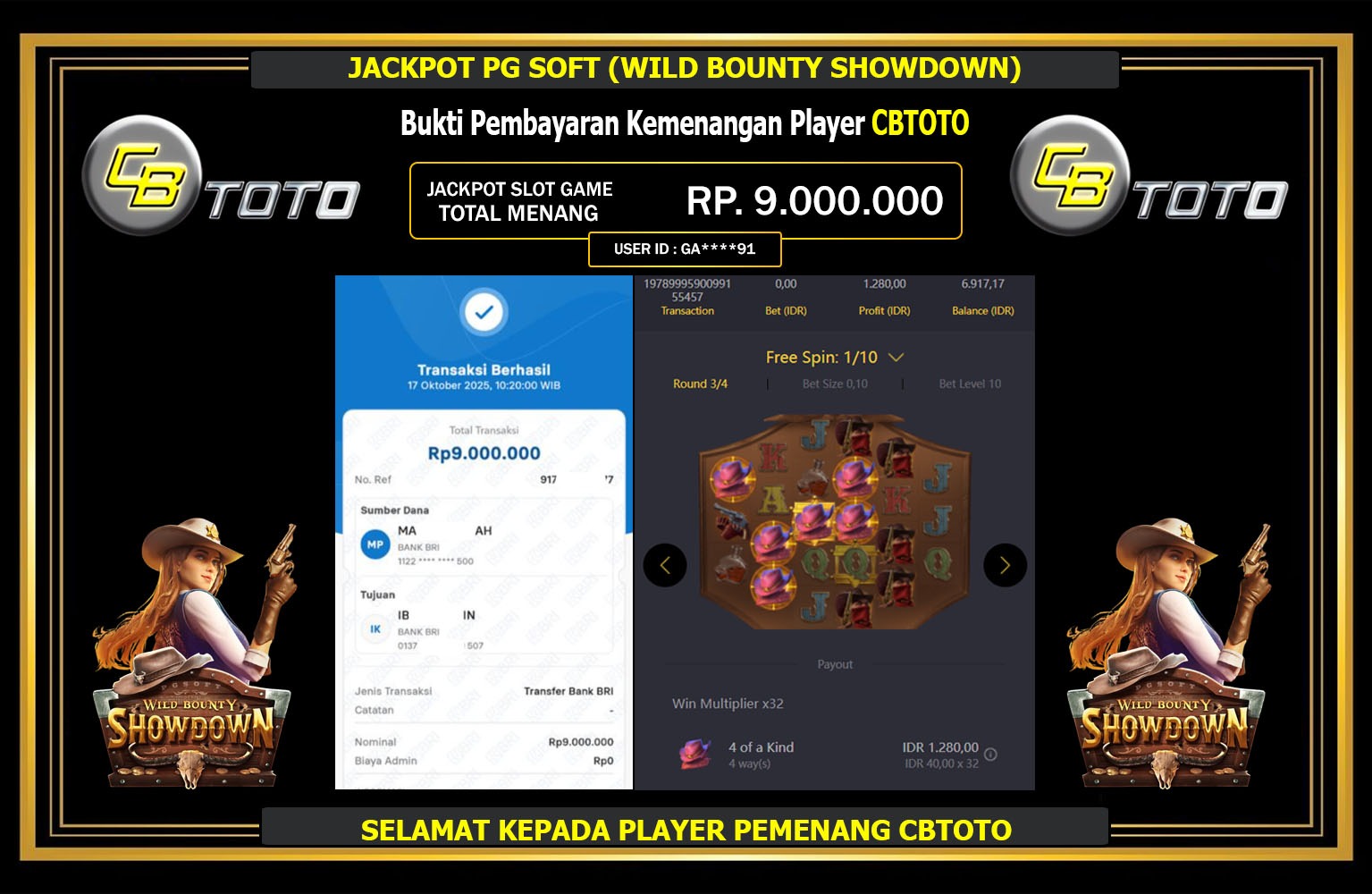 CBTOTO JACKPOT PG SOFT (WILD BOUNTY SHOWDOWN) Rp.9.000.000,- LUNAS