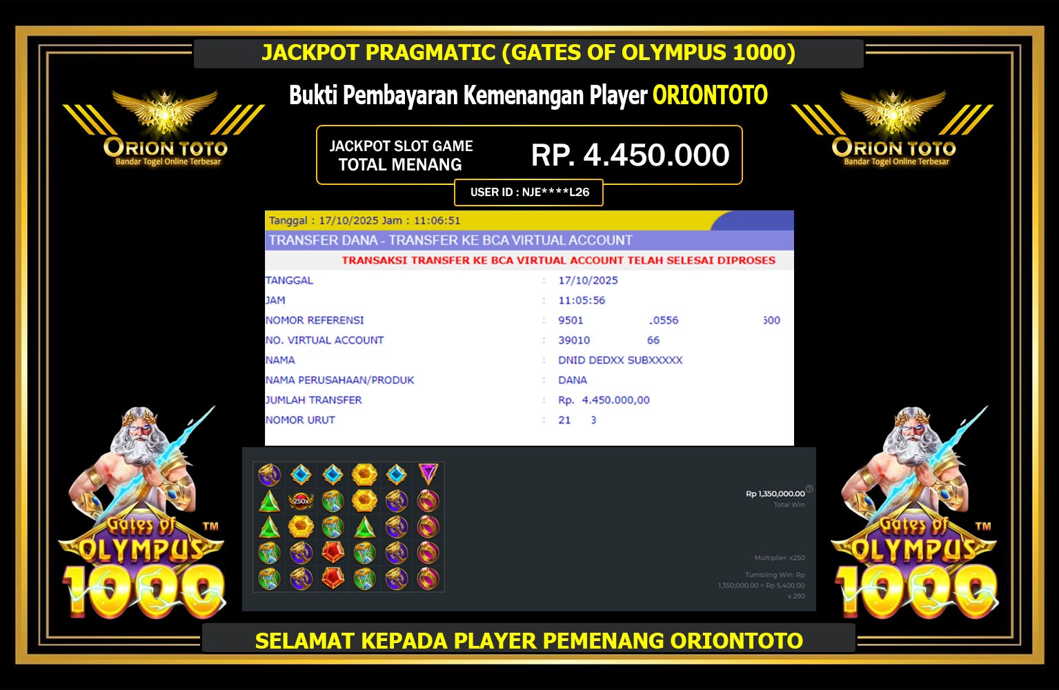 ORIONTOTO JACKPOT PRAGMATIC (GATES OF OLYMPUS 1000) Rp.4.450.000,- LUNAS
