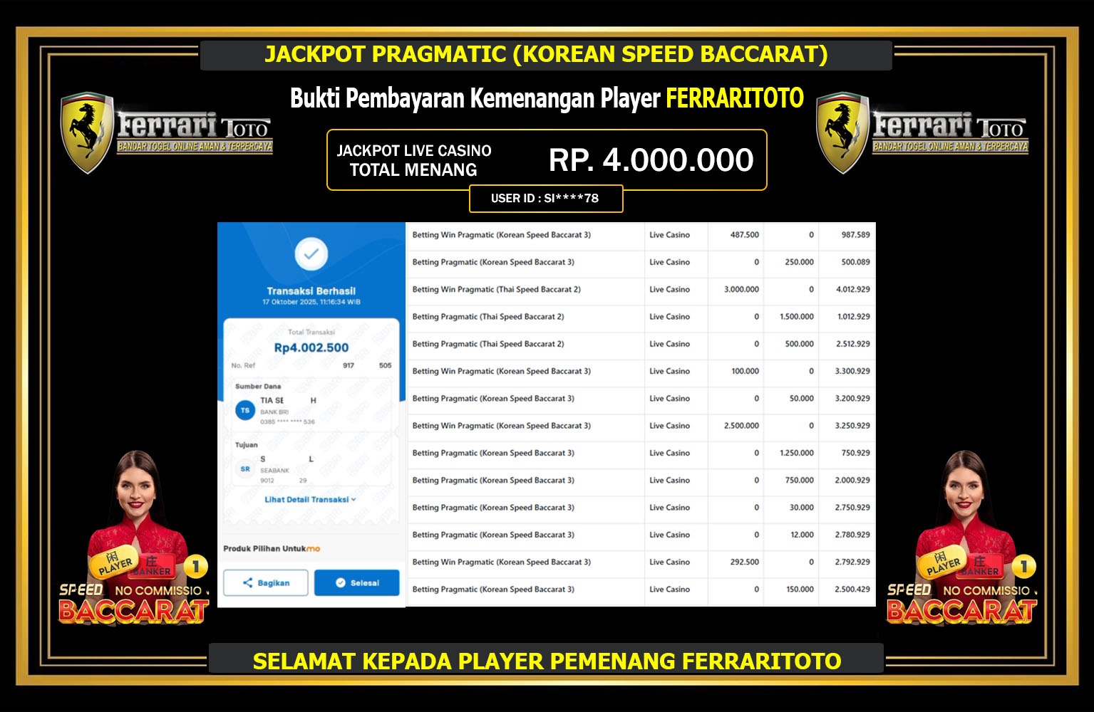FERRARITOTO JACKPOT PRAGMATIC (KOREAN SPEED BACCARAT) Rp.4.000.000,- LUNAS