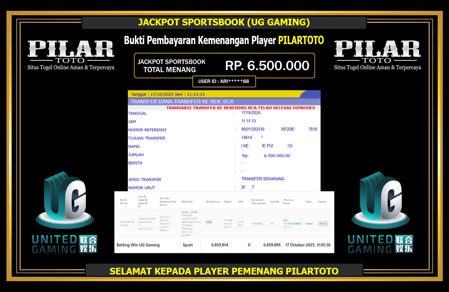PILARTOTO JACKPOT SPORTSBOOK (UG GAMING) Rp.6.500.000,- LUNAS