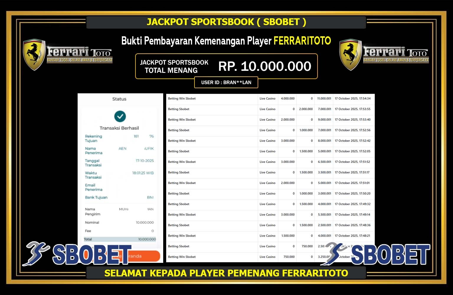 FERRARITOTO JACKPOT SPORTSBOOK (SBOBET) Rp.10.000.000,- LUNAS