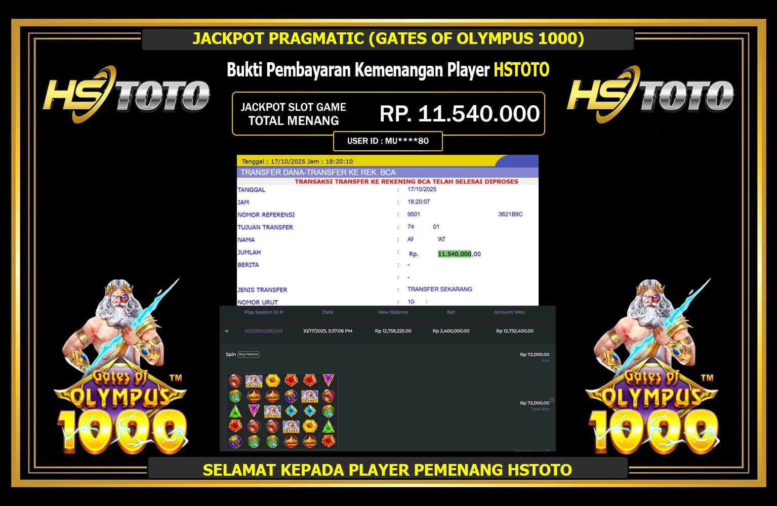 HSTOTO JACKPOT PRAGMATIC (GATES OF OLYMPUS 1000) Rp.11.540.000,- LUNAS