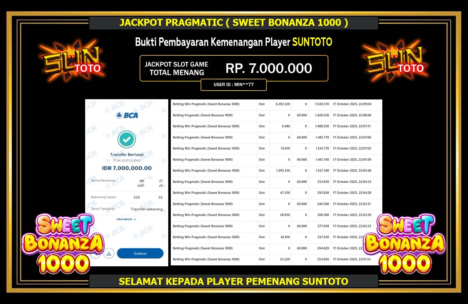 SUNTOTO JACKPOT PRAGMATIC (SWEET BONANZA 1000) Rp.7.000.000,- LUNAS