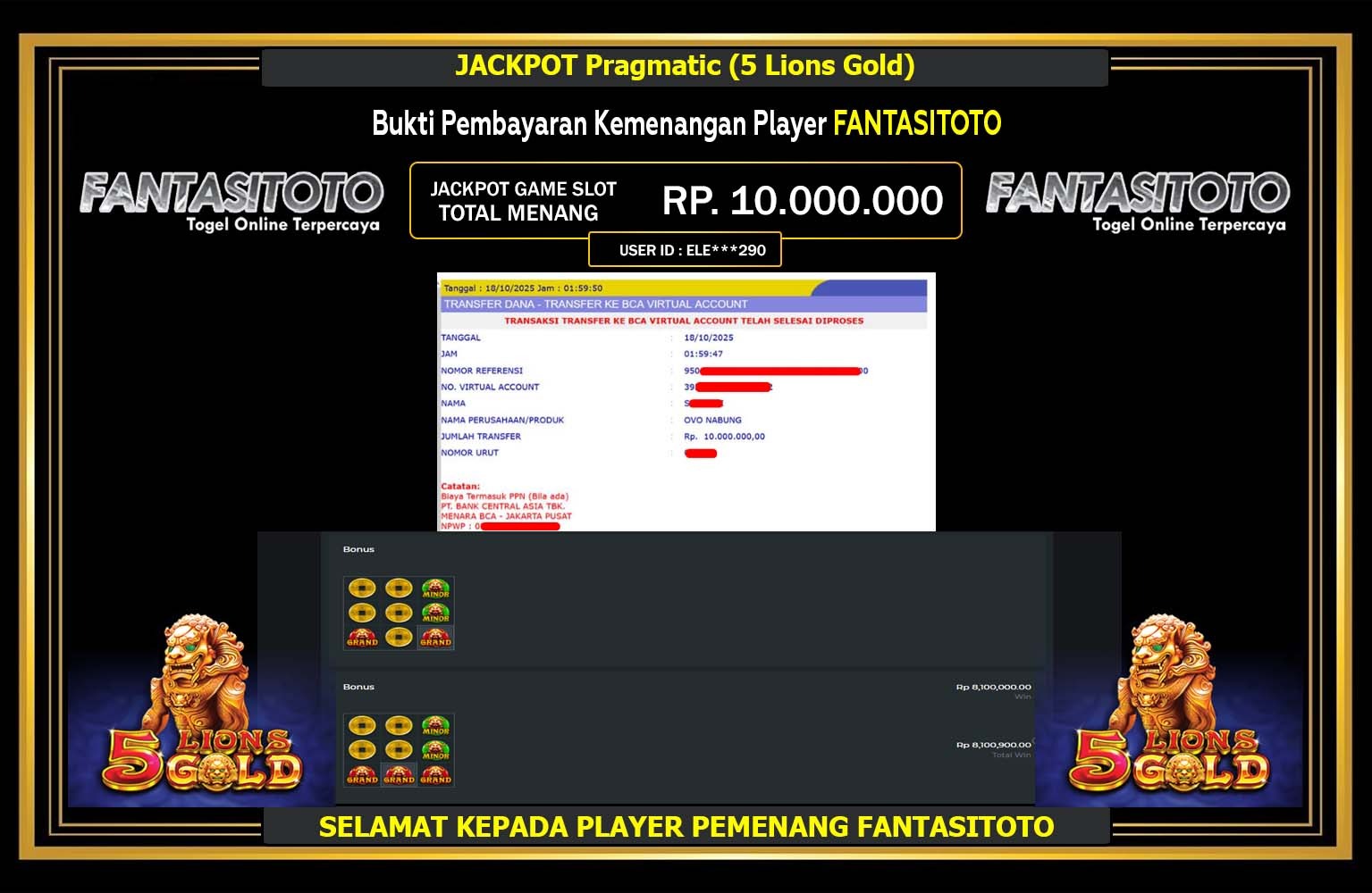 FANTASITOTO JACKPOT Pragmatic (5 Lions Gold) Rp.10.000.000,- LUNAS