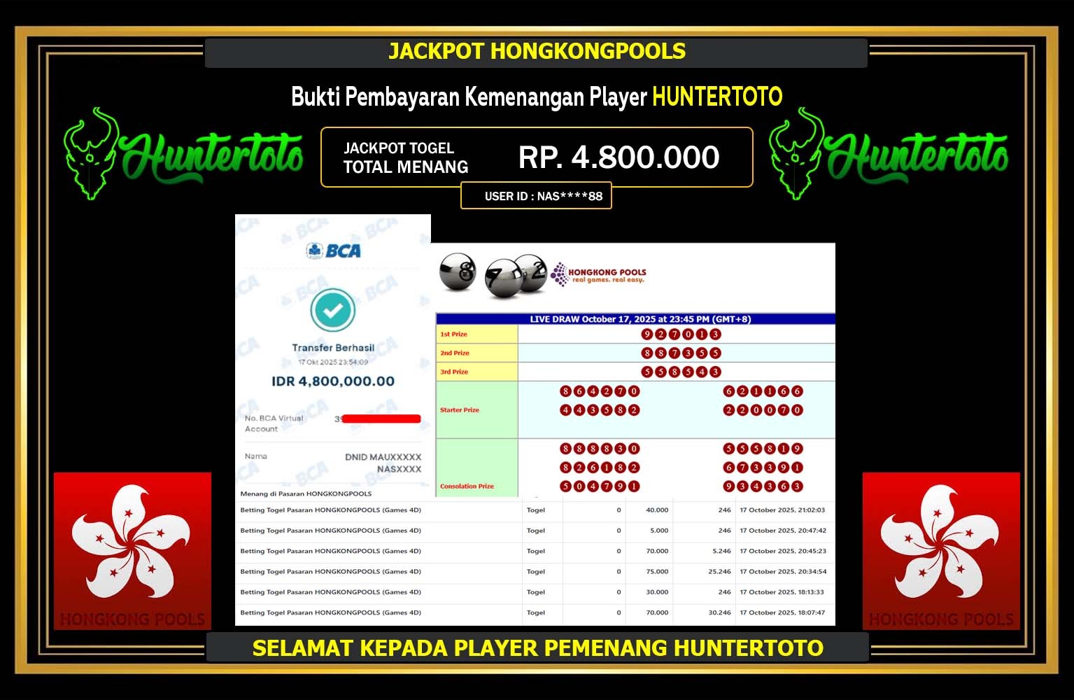 HUNTERTOTO JACKPOT TOGEL HONGKONGPOOLS Rp.4.800.000,- LUNAS