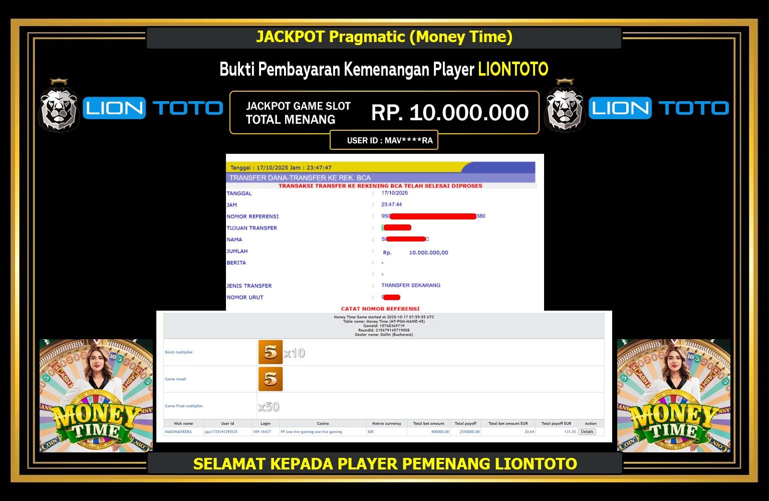 LIONTOTO JACKPOT PRAGMATIC (MONEY TIME) Rp.10.000.000,- LUNAS