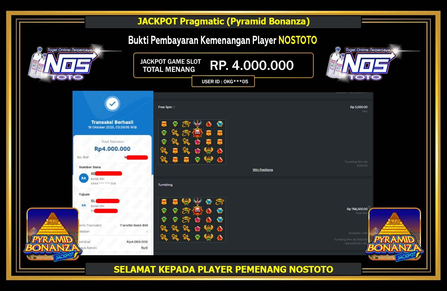 NOSTOTO JACKPOT Pragmatic (Pyramid Bonanza) Rp.4.000.000,- LUNAS