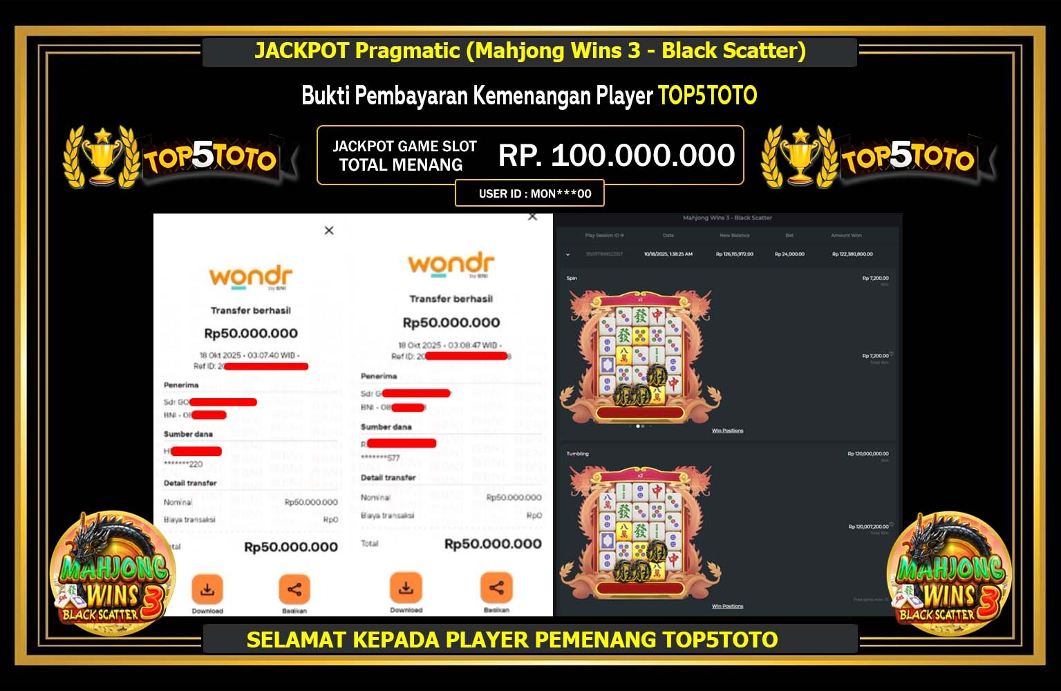 TOP5TOTO JACKPOT Pragmatic (Mahjong Wins 3 - Black Scatter) Rp.100.000.000,- LUNAS