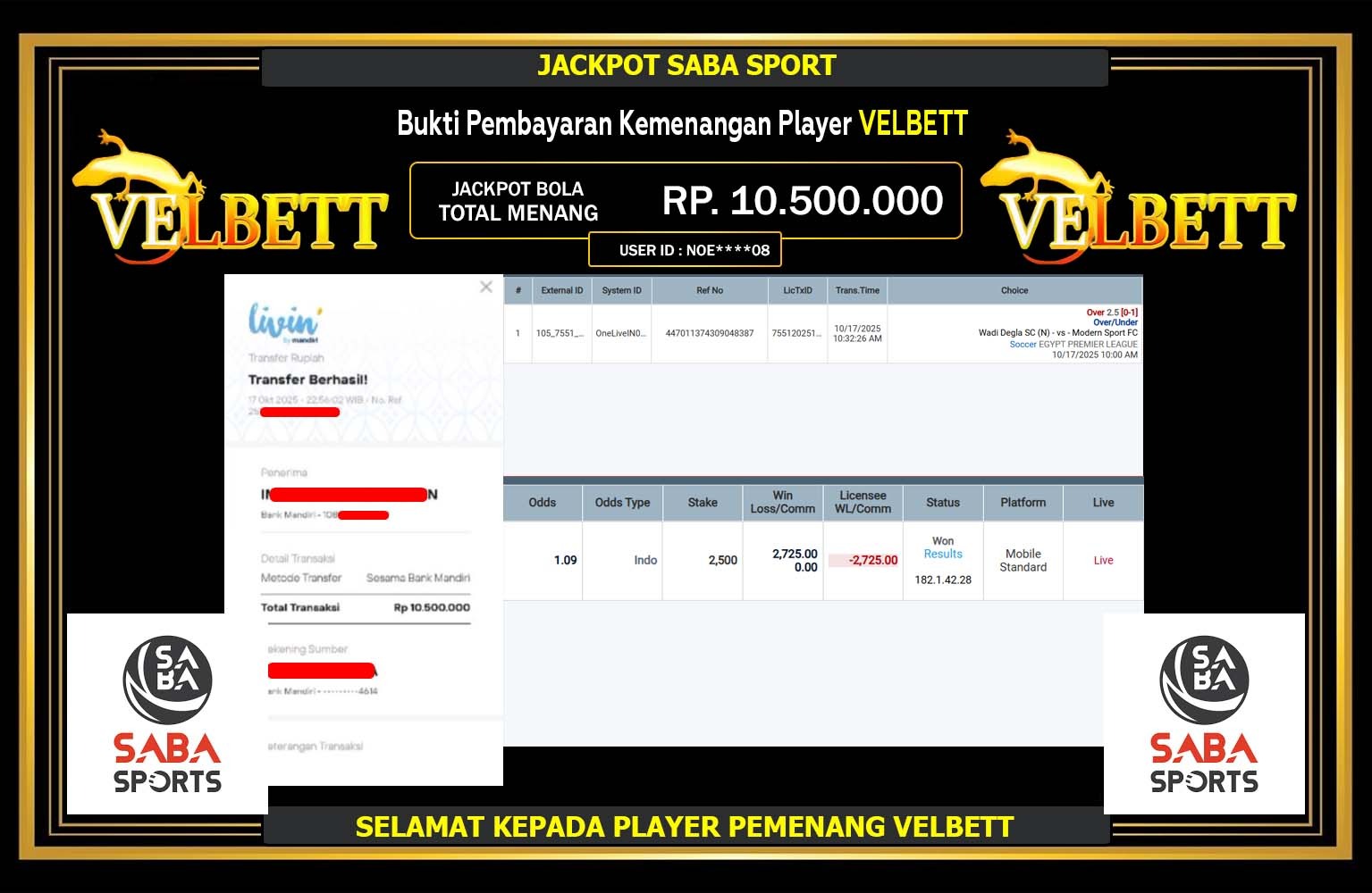 VELBETT JACKPOT SPORTSBOOK (SABA SOCCER) Rp.10.500.000,- LUNAS