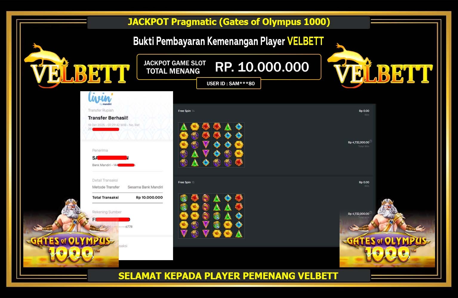 VELBETT JACKPOT Pragmatic (Gates of Olympus 1000) Rp.10.000.000,- LUNAS
