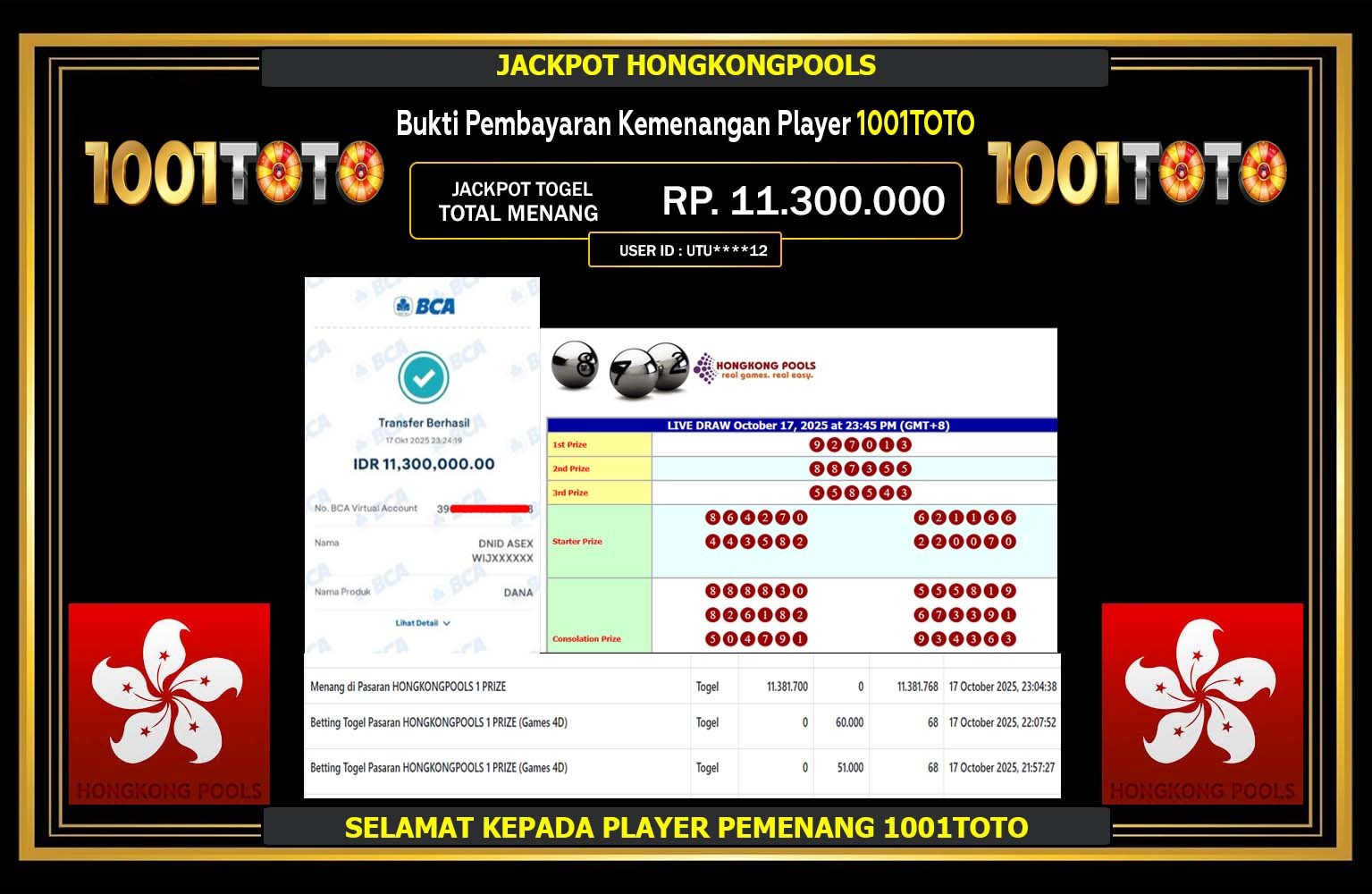 1001TOTO JACKPOT TOGEL HONGKONGPOOLS  Rp.11.300.000,- LUNAS