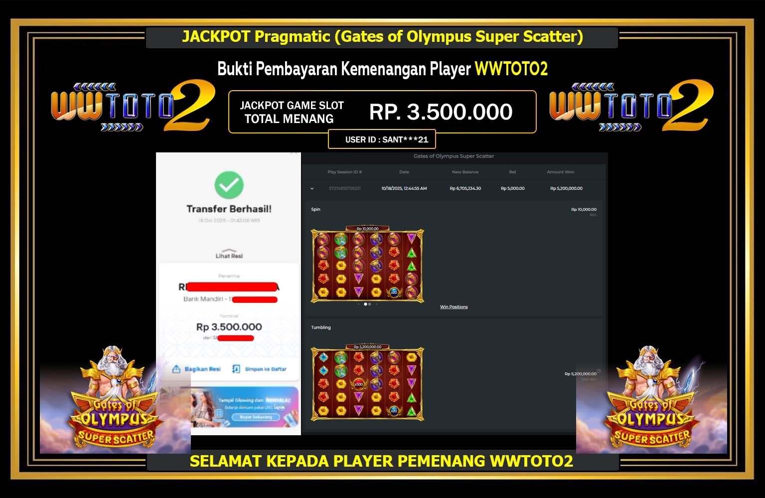 WWTOTO2 JACKPOT Pragmatic (Gates of Olympus Super Scatter) Rp.3.500.000,- LUNAS