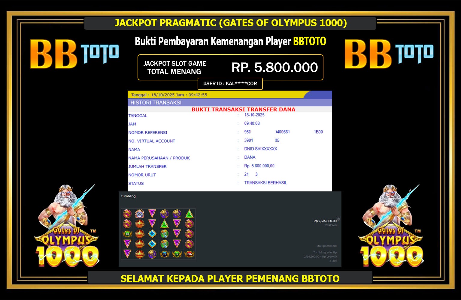 BBTOTO JACKPOT PRAGMATIC (GATES OF OLYMPUS 1000) Rp.5.800.000,- LUNAS