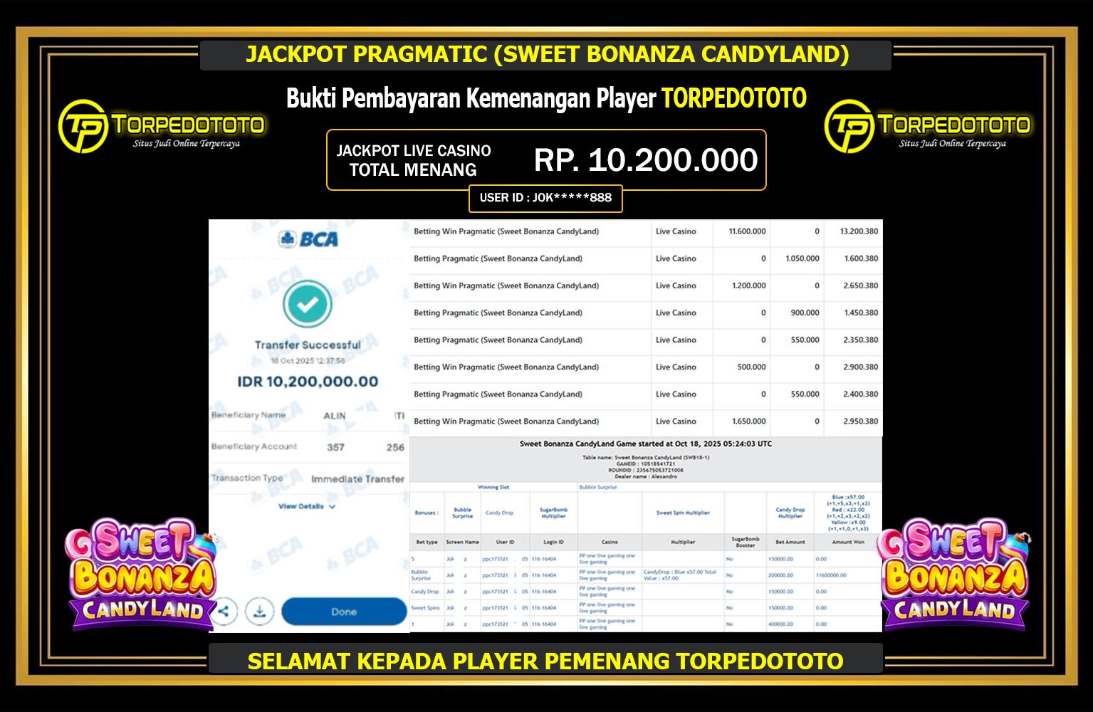 TORPEDOTOTO JACKPOT PRAGMATIC (SWEET BONANZA CANDYLAND) Rp.10.200.000,- LUNAS