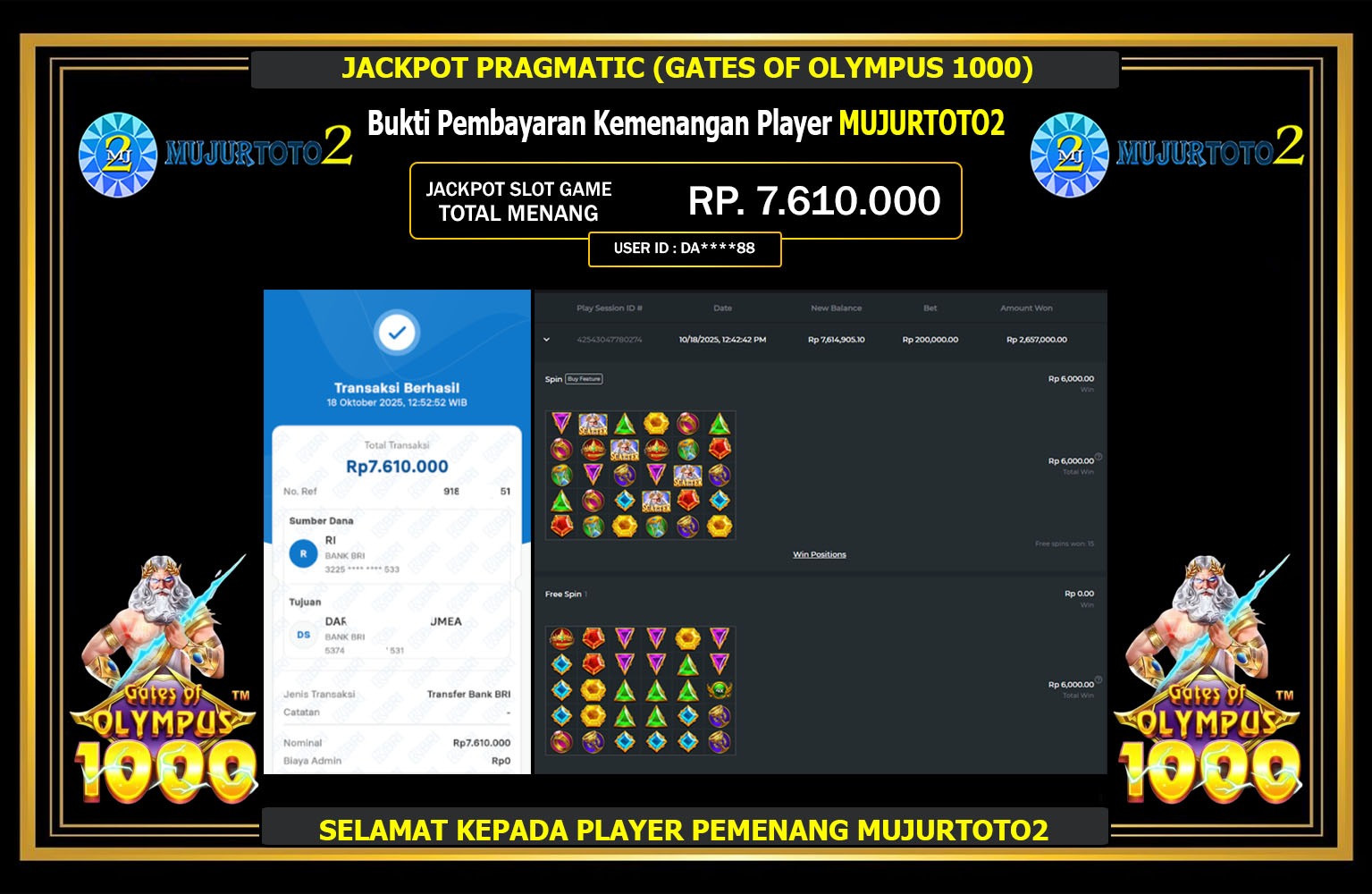 MUJURTOTO2 JACKPOT PRAGMATIC (GATES OF OLYMPUS 1000) Rp.7.610.000,- LUNAS