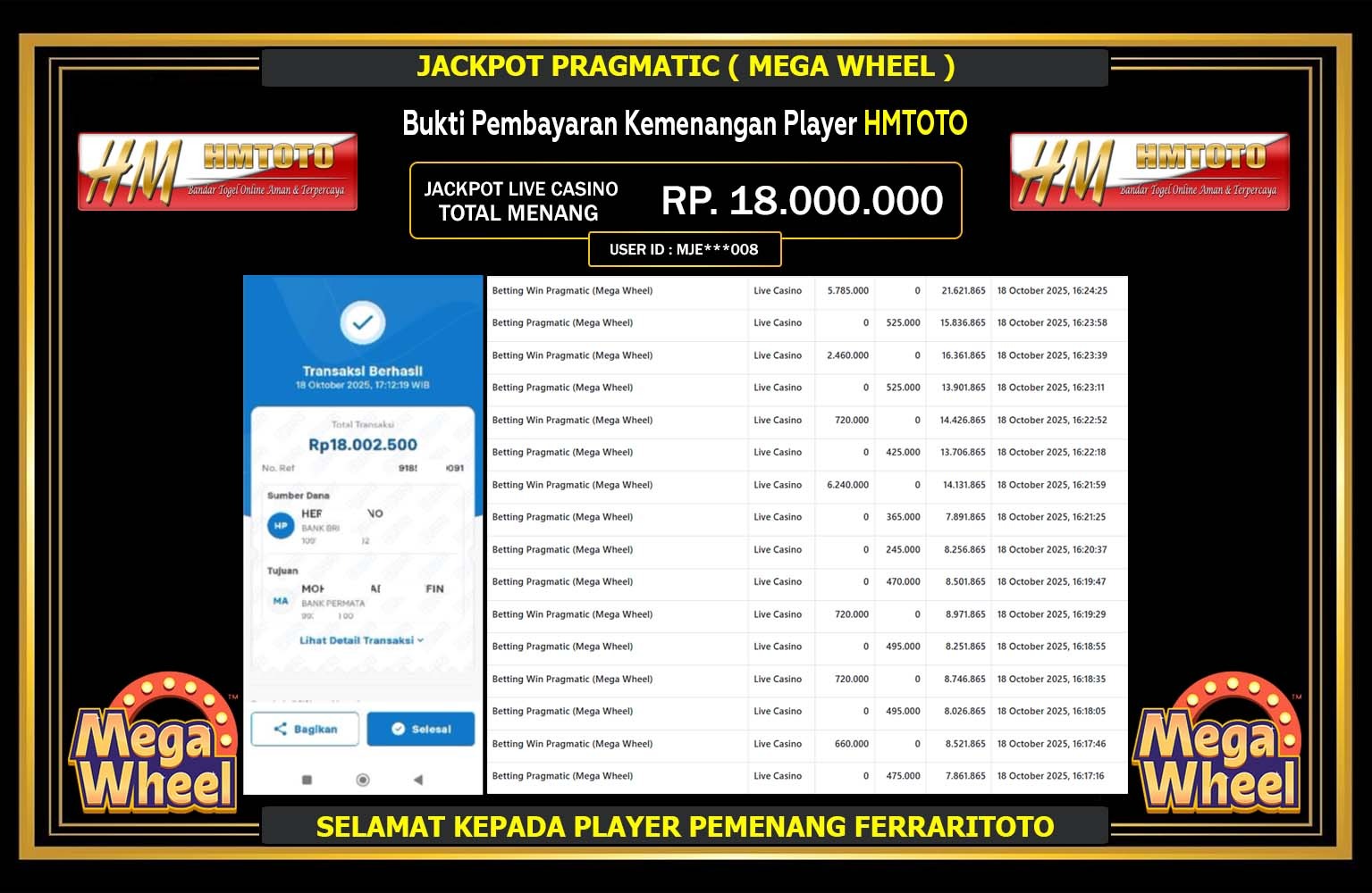 HMTOTO JACKPOT PRAGMATIC (MEGA WHEEL) Rp.18.000.000,- LUNAS