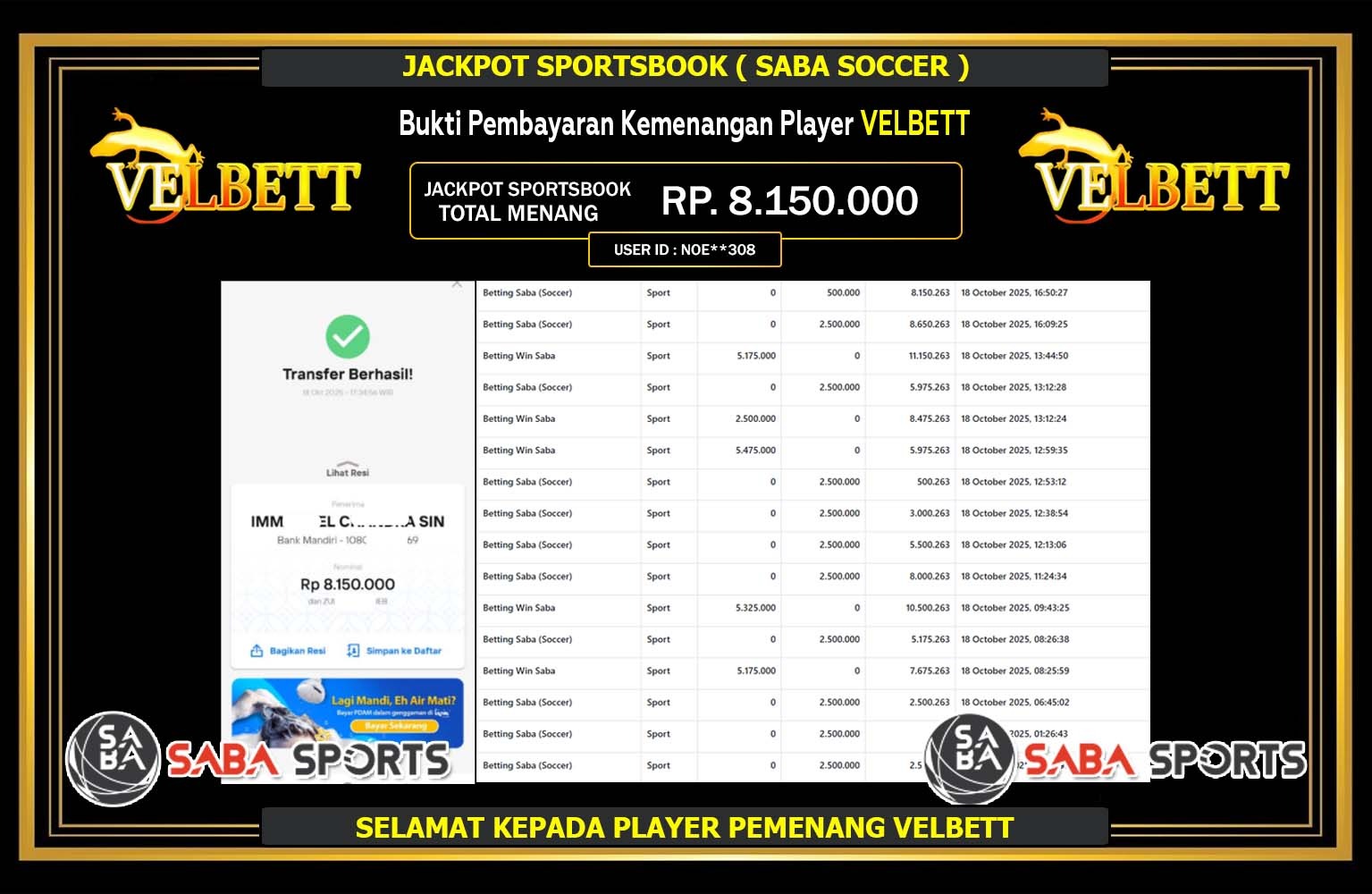 VELBETT JACKPOT SPORTSBOOK (SABA SOCCER) Rp.8.150.000,- LUNAS