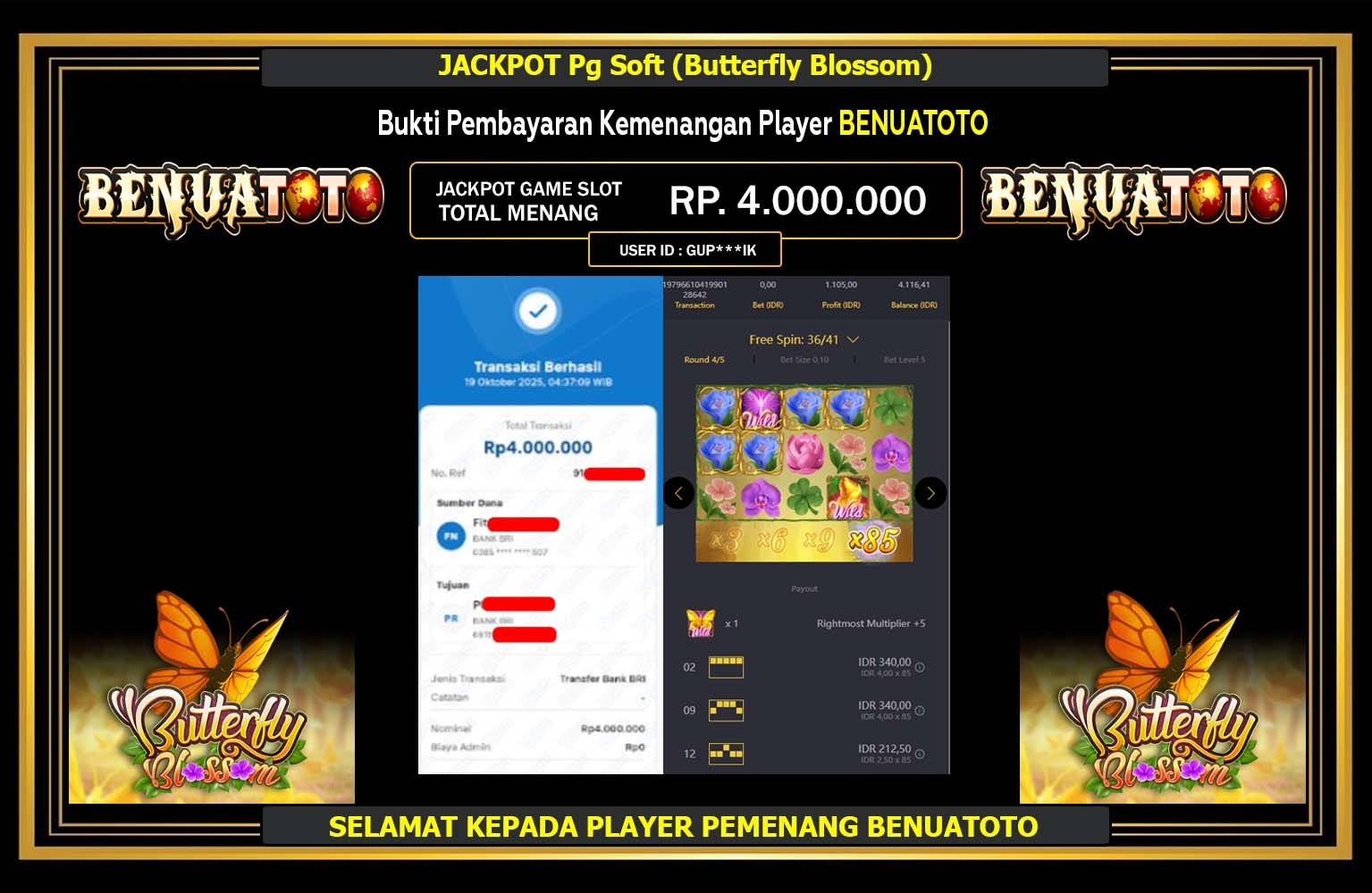 BENUATOTO JACKPOT PG SOFT (BUTTERFLY BLOSSOM) Rp.4.000.000,- LUNAS