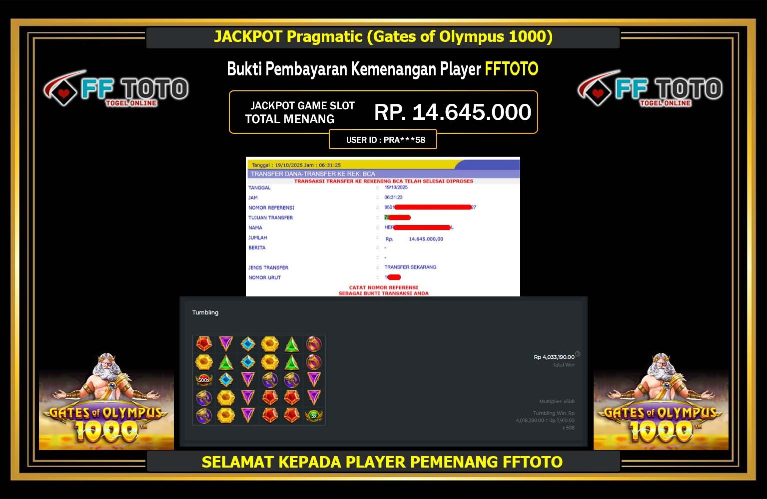 FFTOTO JACKPOT PRAGMATIC (GATES OF OLYMPUS 1000) Rp.14.645.000,- LUNAS