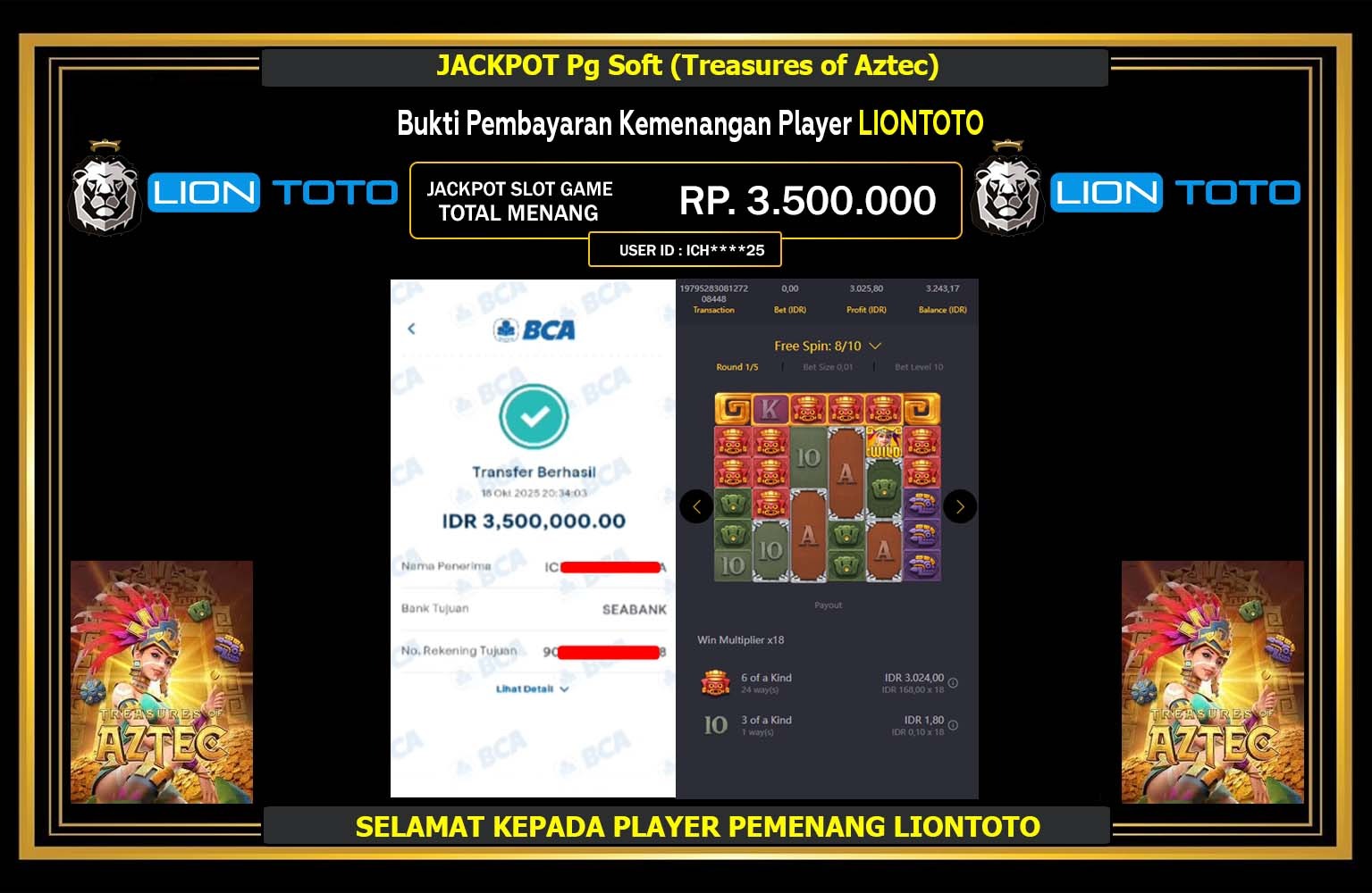 LIONTOTO JACKPOT PG SOFT (TREASURES OF AZTEC) Rp.3.500.000,- LUNAS