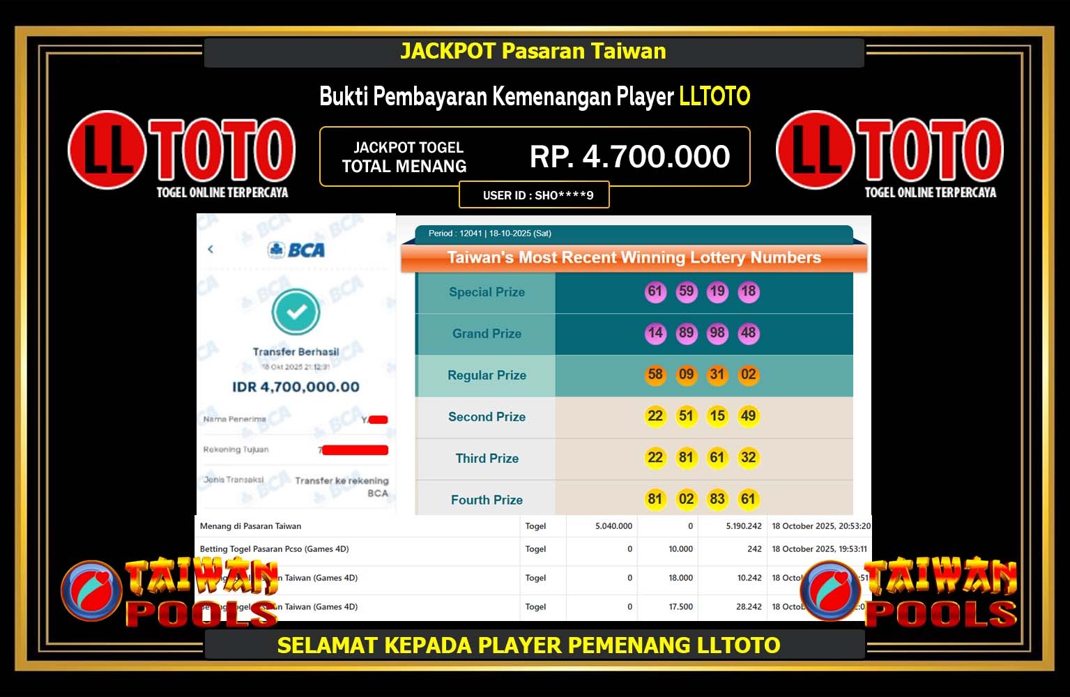 LLTOTO JACKPOT LINE TOGEL (TAIWAN) Rp.4.700.000,- LUNAS