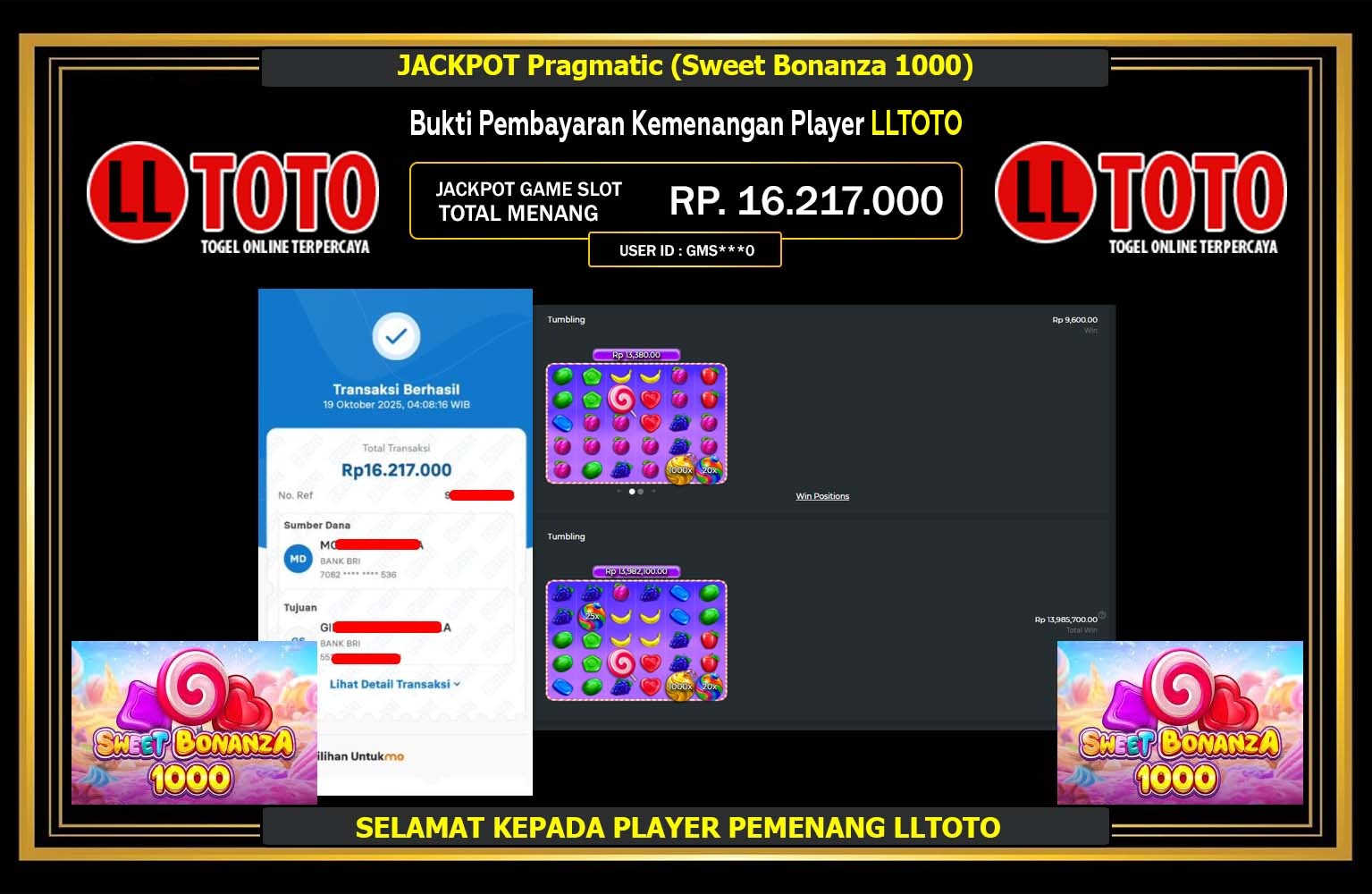 LLTOTO JACKPOT PRAGMATIC (SWEET BONANZA 1000) Rp.16.217.000,- LUNAS