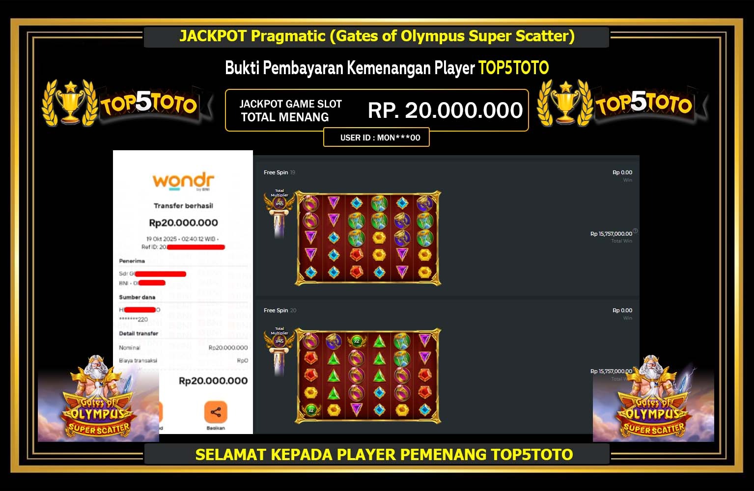 TOP5TOTO JACKPOT PRAGMATIC (GATES OF OLYMPUS SUPERSCATTER) Rp.20.000.000,- LUNAS