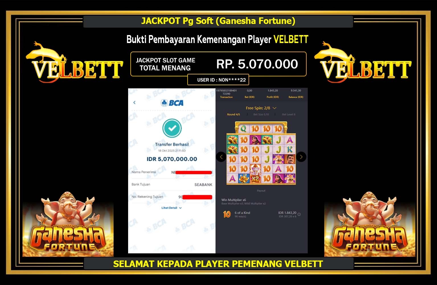VELBETT JACKPOT PG SOFT (GANESHA FORTUNE) Rp.5.070.000,- LUNAS