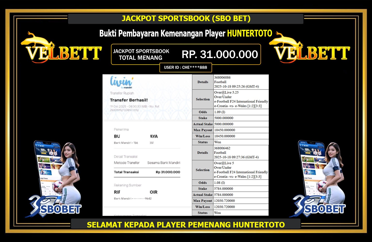 VELBETT JACKPOT SPORTSBOOK (SBOBET) Rp.31.000.000,- LUNAS