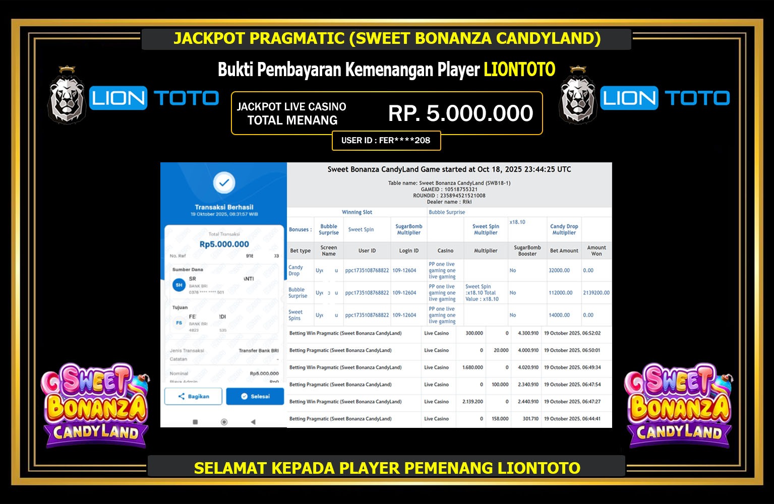 LIONTOTO JACKPOT PRAGMATIC (SWEET BONANZA CANDYLAND) Rp.5.000.000,- LUNAS