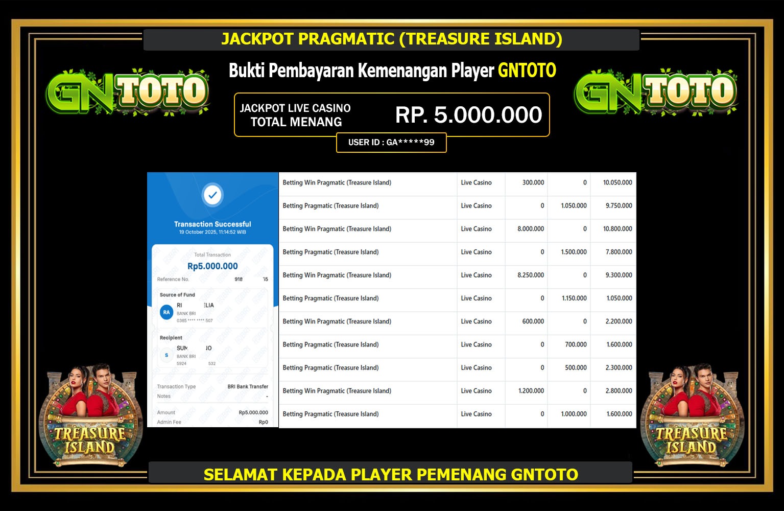 GNTOTO JACKPOT PRAGMATIC (TREASURE ISLAND) Rp.5.000.000,- LUNAS