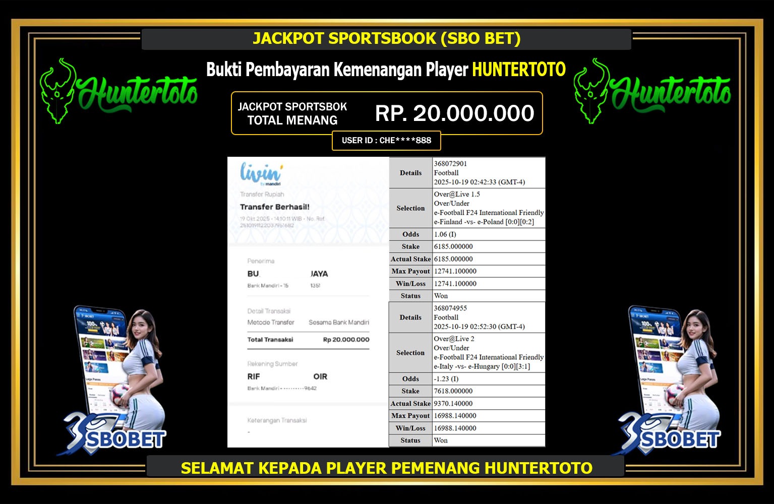 HUNTERTOTO JACKPOT SPORTSBOOK (SBOBET) Rp.20.000.000,- LUNAS