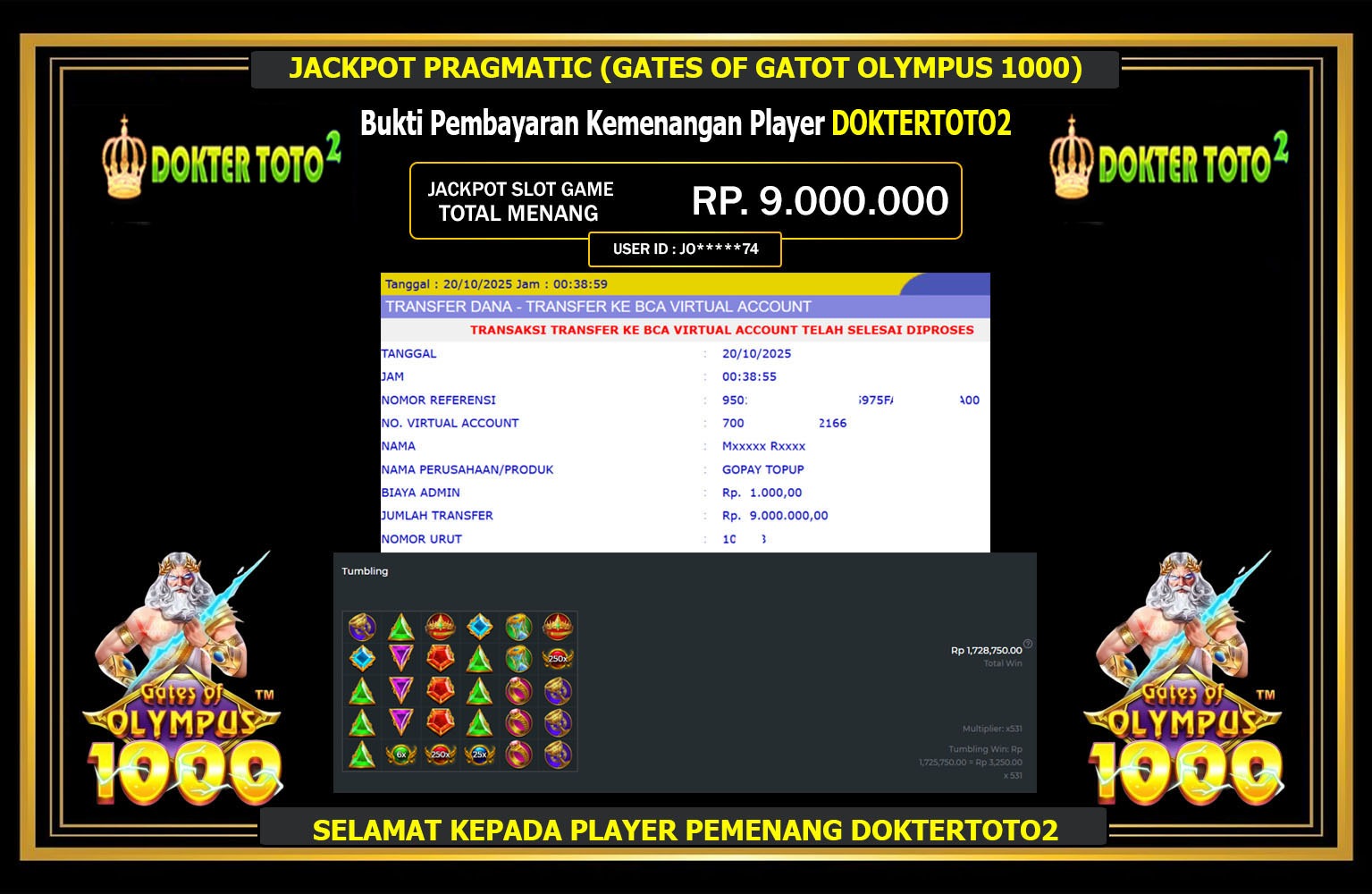 DOKTERTOTO2 JACKPOT PRAGMATIC (GATES OF OLYMPUS 1000) Rp.9.000.000,- LUNAS