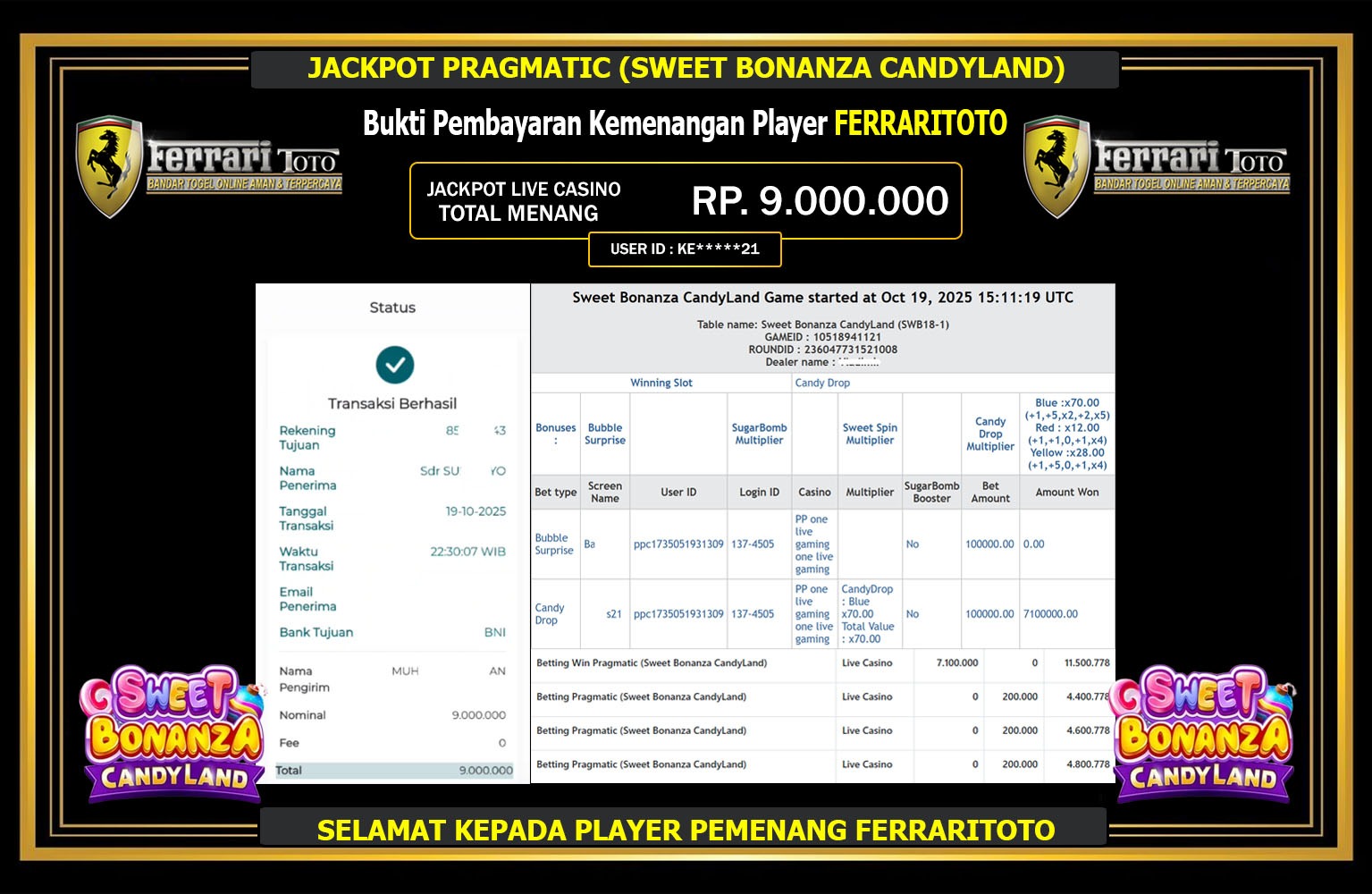 FERRARITOTO JACKPOT PRAGMATIC (SWEET BONANZA CANDYLAND) Rp.9.000.000,- LUNAS
