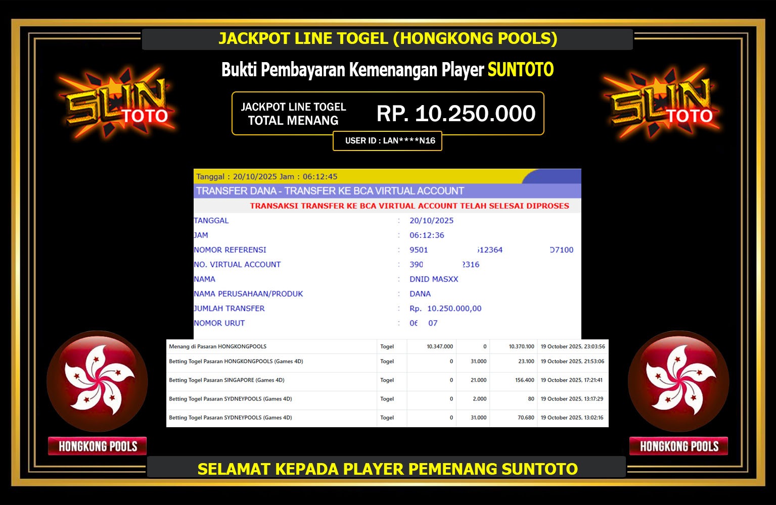 SUNTOTO JACKPOT LINE TOGEL (HONGKONG POOLS) Rp.10.250.000,- LUNAS