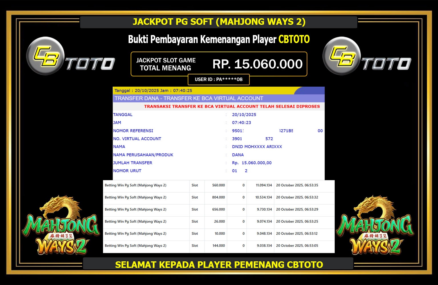 CBTOTO JACKPOT PG SOFT (MAHJONG WAYS 2) Rp.15.060.000,- LUNAS