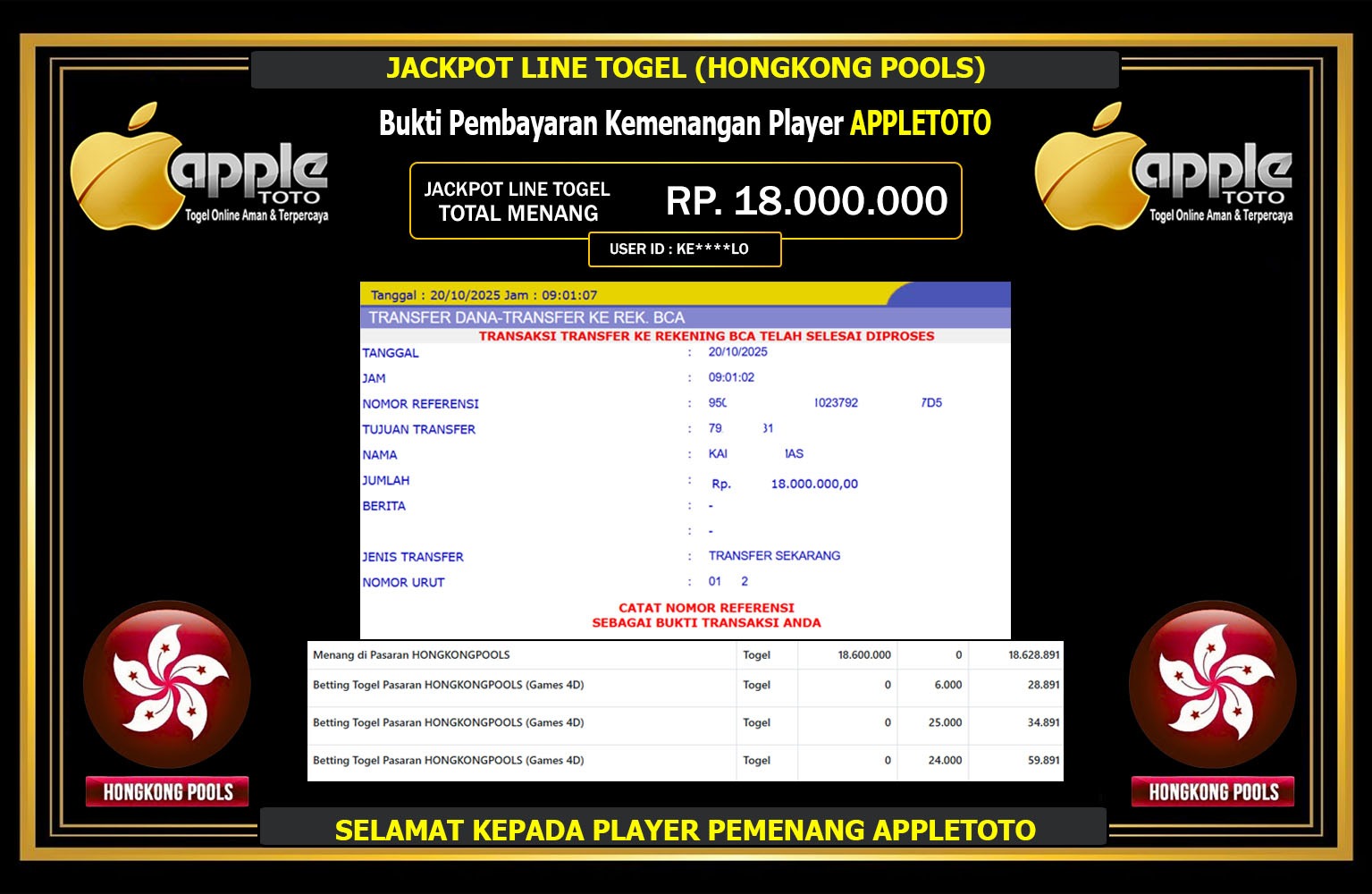 APPLETOTO JACKPOT LINE TOGEL (HONGKONG POOLS) Rp.18.000.000,- LUNAS