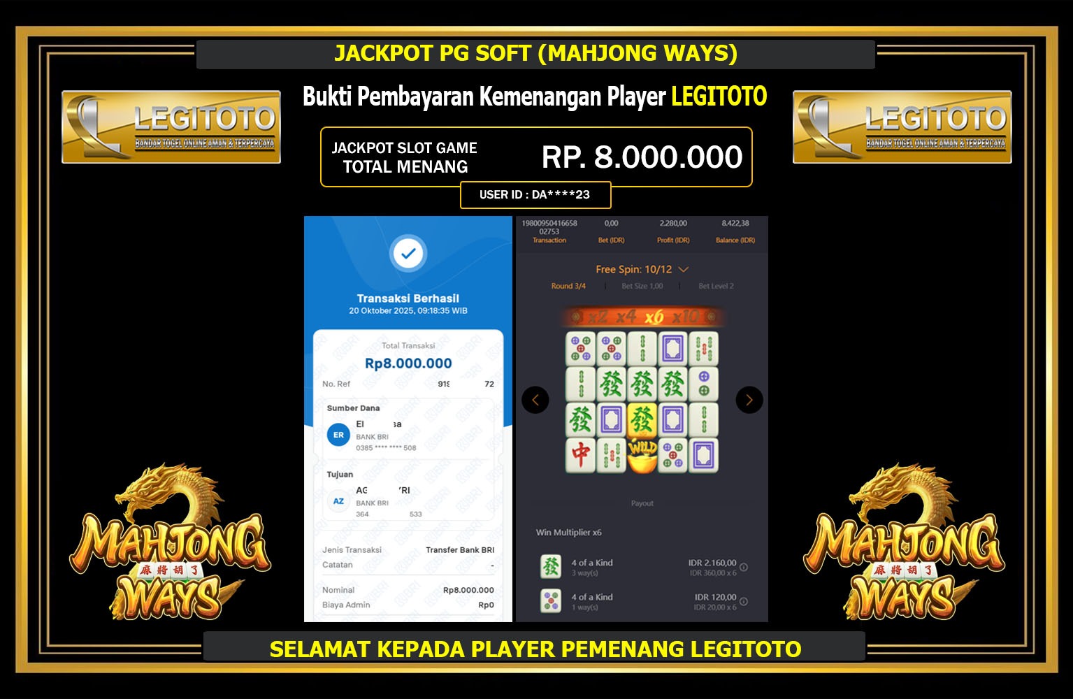 LEGITOTO JACKPOT PG SOFT (MAHJONG WAYS) Rp.8.000.000,- LUNAS