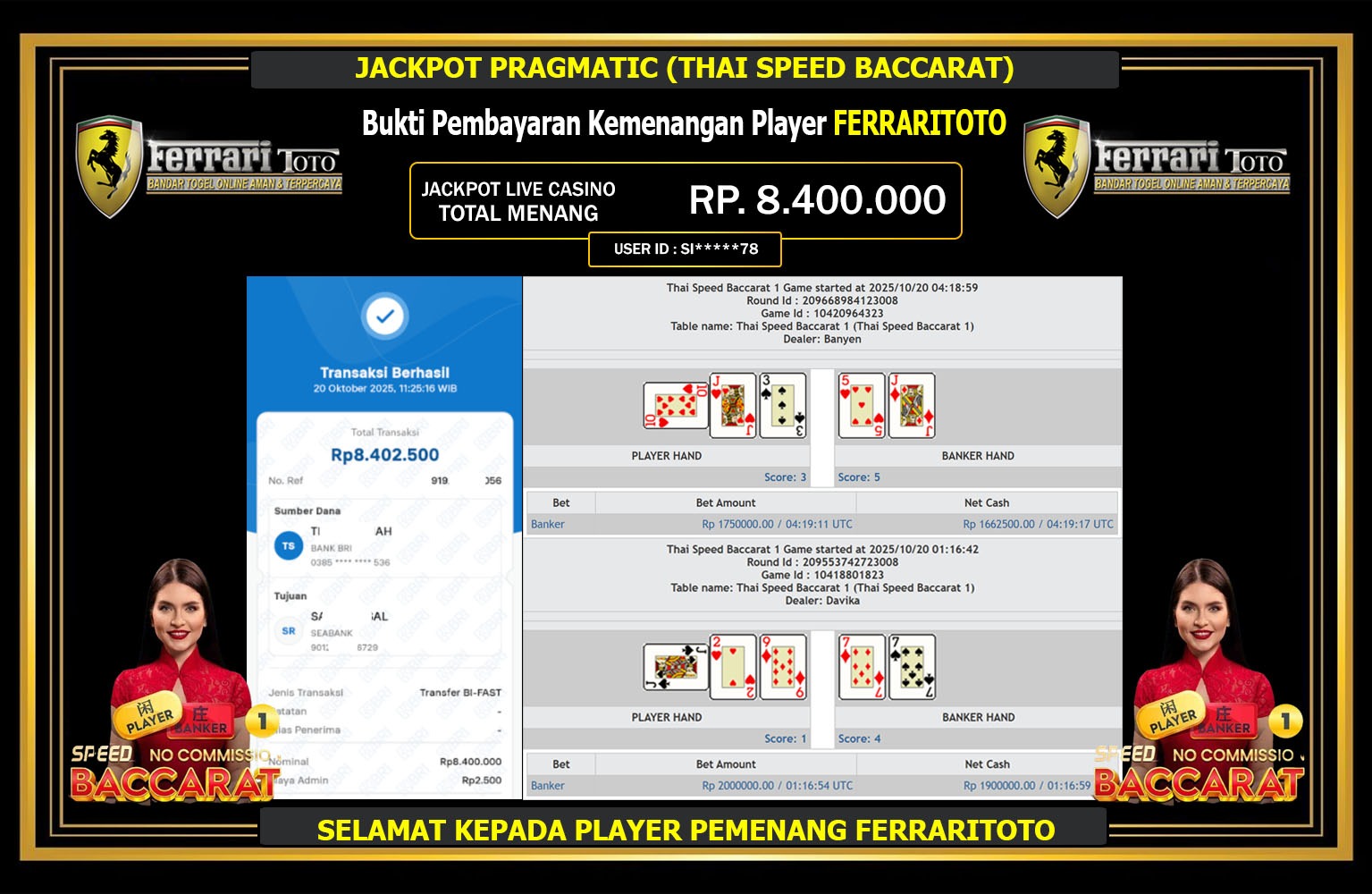 FERRARITOTO JACKPOT PRAGMATIC (THAI SPEED BACCARAT) Rp.8.400.000,- LUNAS