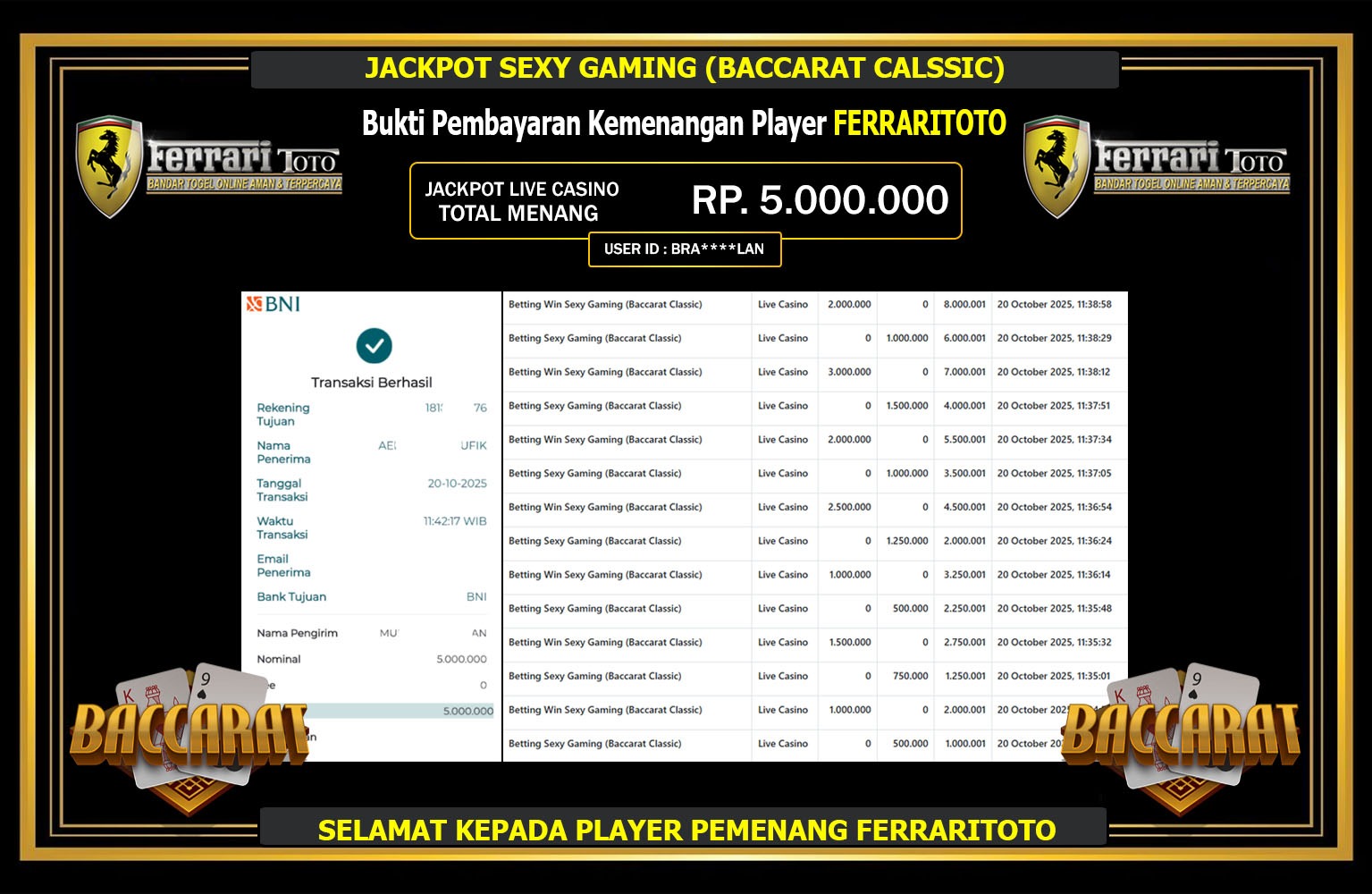 FERRARITOTO JACKPOT SEXY GAMING (BACCARAT CALSSIC) Rp.5.000.000,- LUNAS