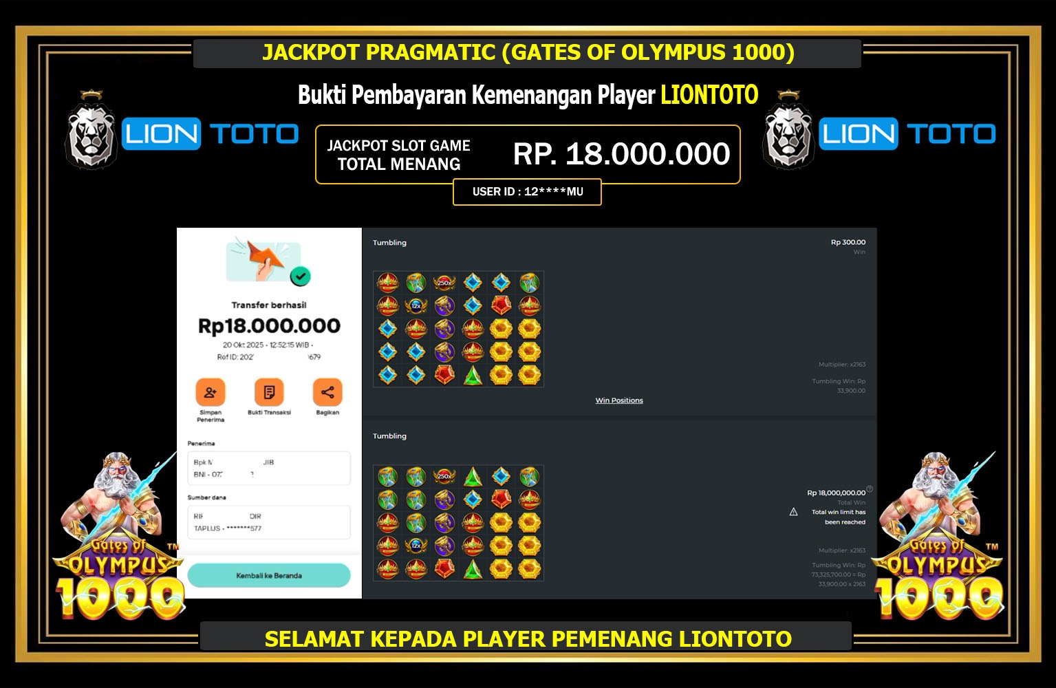 LIONTOTO JACKPOT PRAGMATIC (GATES OF OLYMPUS 1000) Rp.18.000.000,- LUNAS