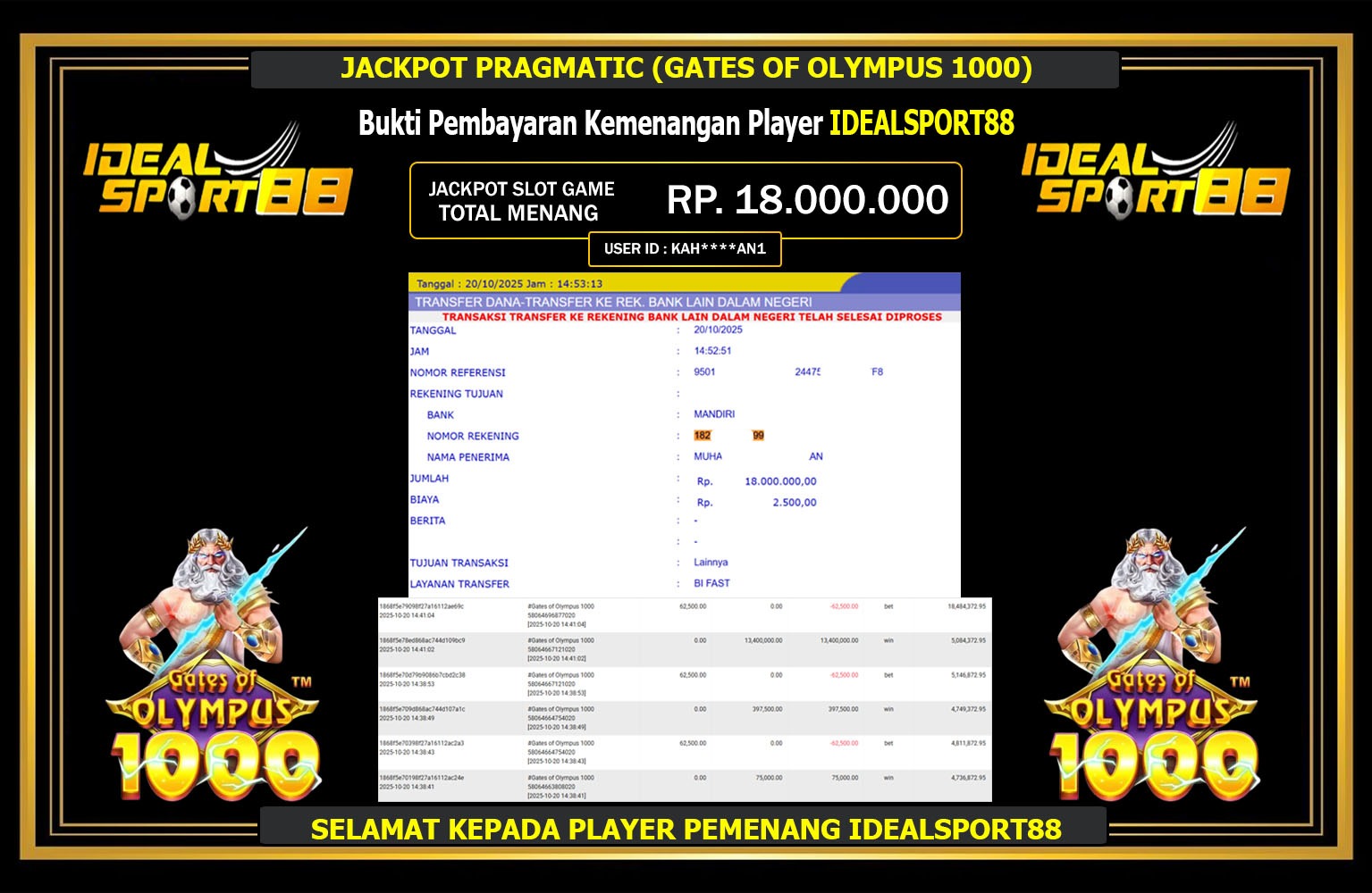 IDEALSPORT88 JACKPOT PRAGMATIC (GATES OF OLYMPUS 1000) Rp.18.000.000,- LUNAS