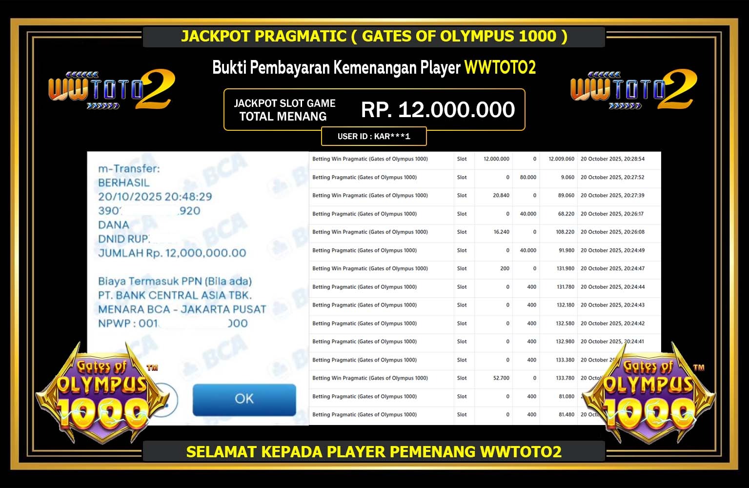 LIONTOTO JACKPOT PRAGMATIC (GATES OF OLYMPUS 1000) Rp.12.000.000,- LUNAS