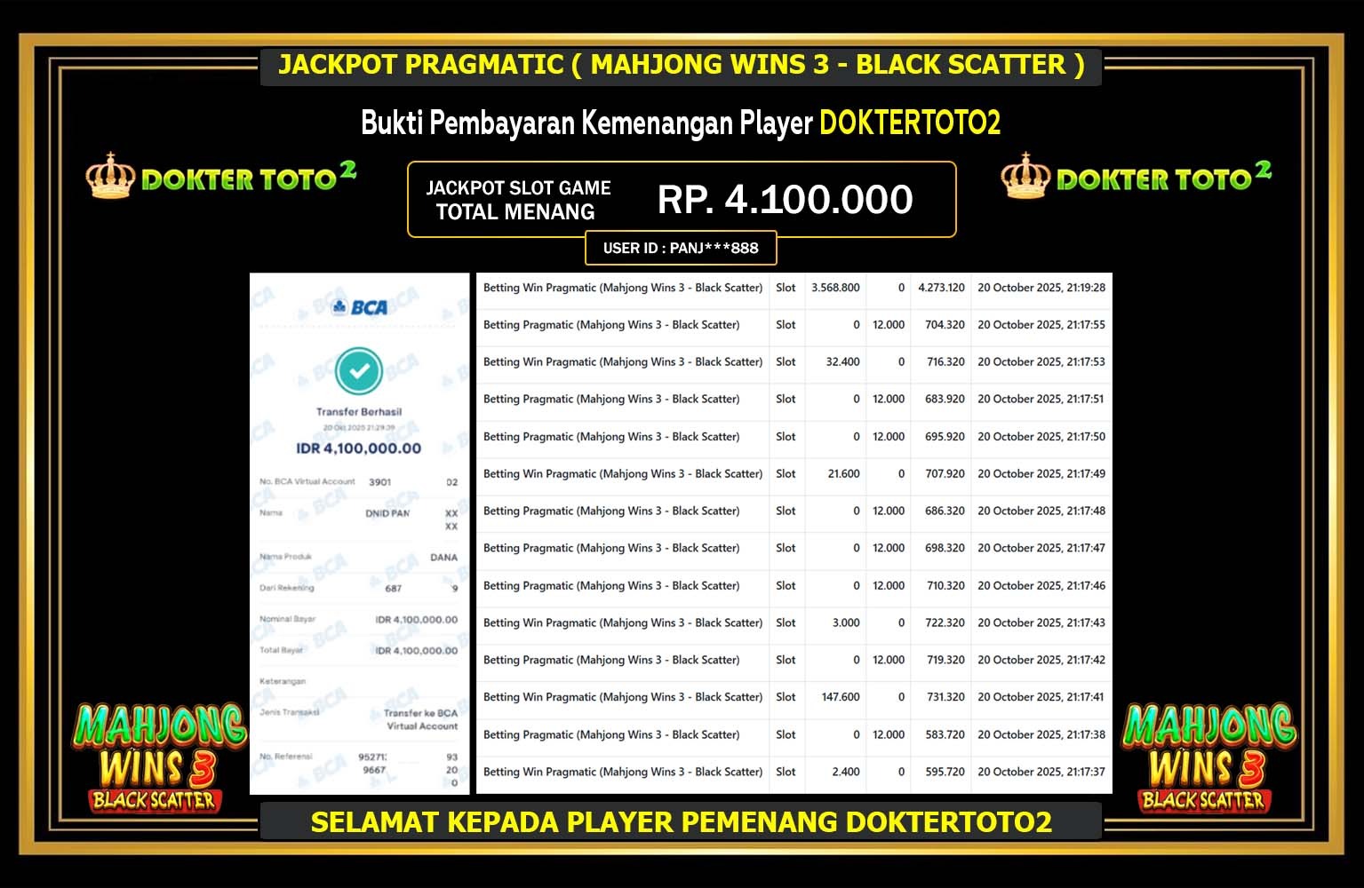 DOKTERTOTO2 JACKPOT PRAGMATIC (MAHJONG WINS 3 - BLACK SCATTER) Rp.4.100.000,- LUNAS