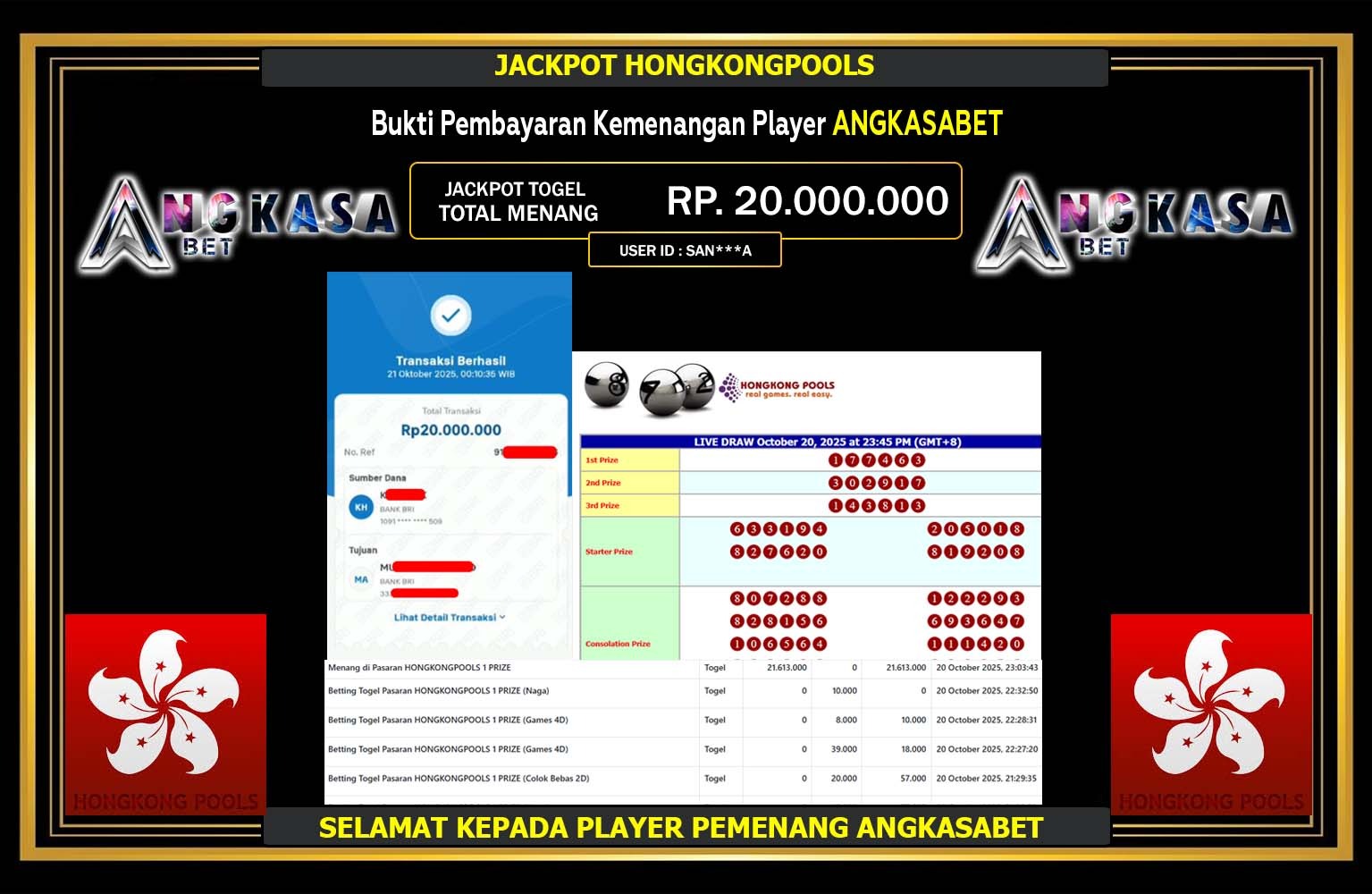 ANGKASABET JACKPOT LINE TOGEL ( HONGKONGPOOLS ) Rp.20.000.000,- LUNAS