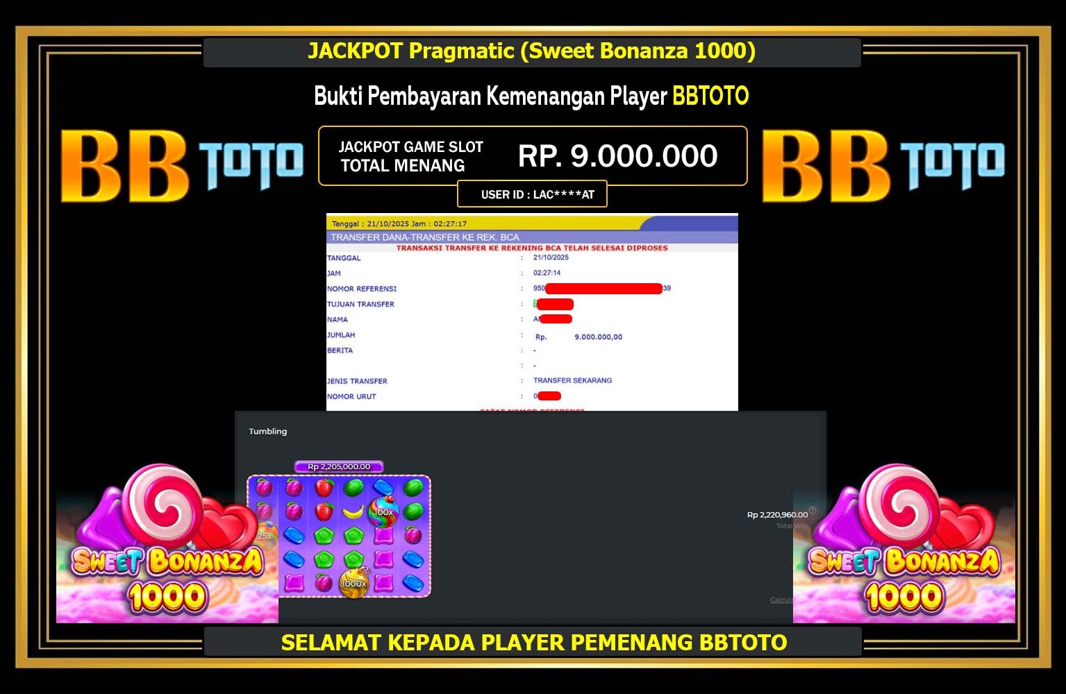 BBTOTO JACKPOT Pragmatic (Sweet Bonanza 1000) Rp.9.000.000,- LUNAS