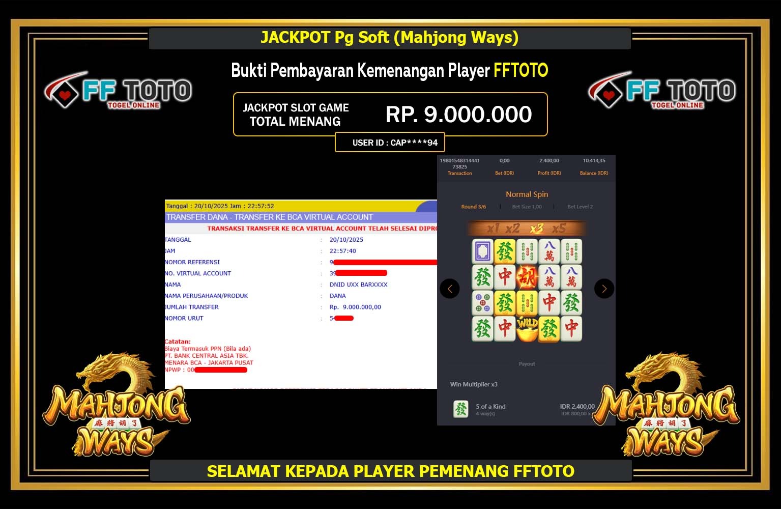 FFTOTO JACKPOT Pg Soft (Mahjong Ways) Rp.9.000.000,- LUNAS