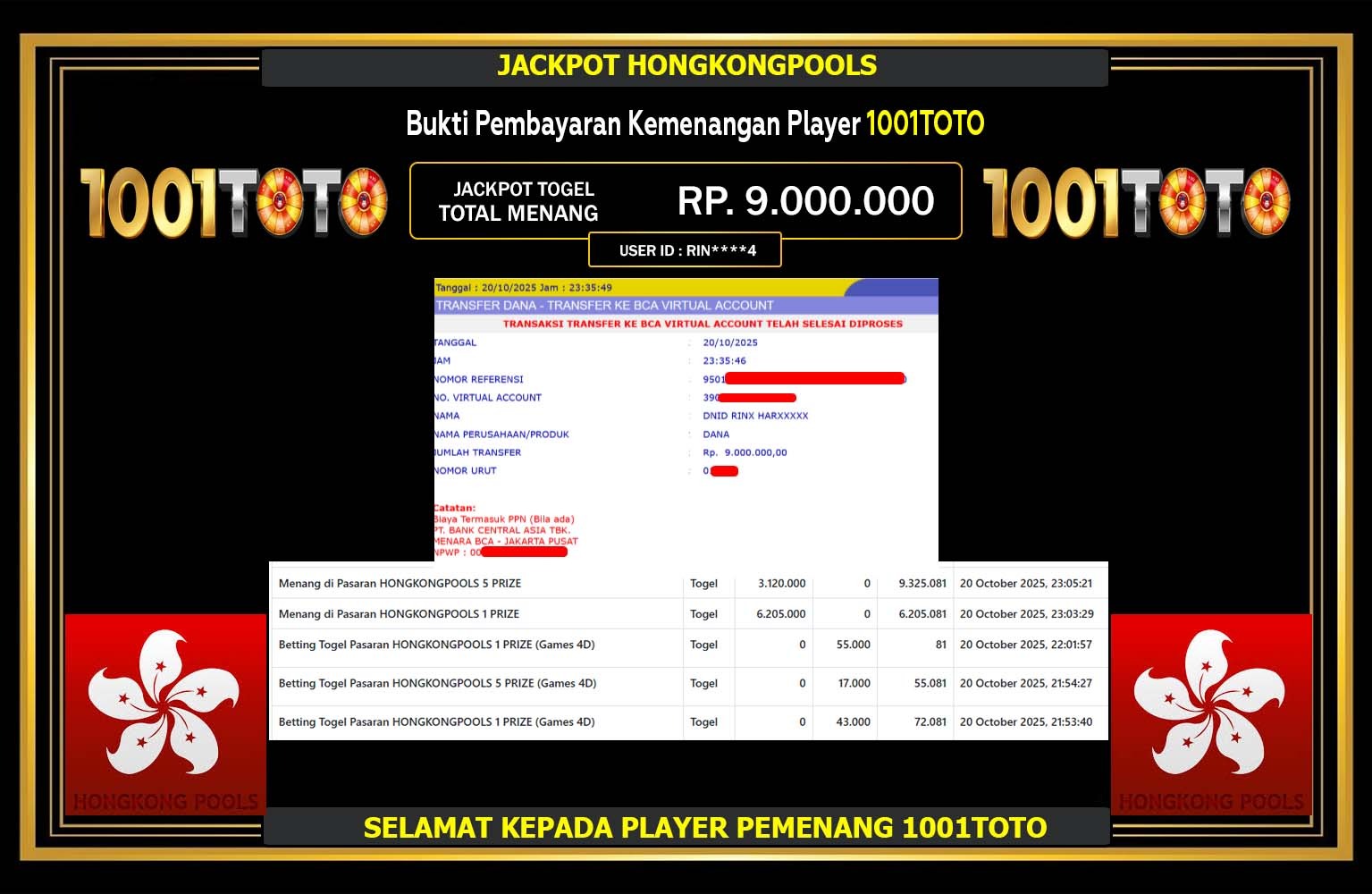 1001TOTO JACKPOT TOGEL HONGKONGPOOLS  Rp.9.000.000,- LUNAS
